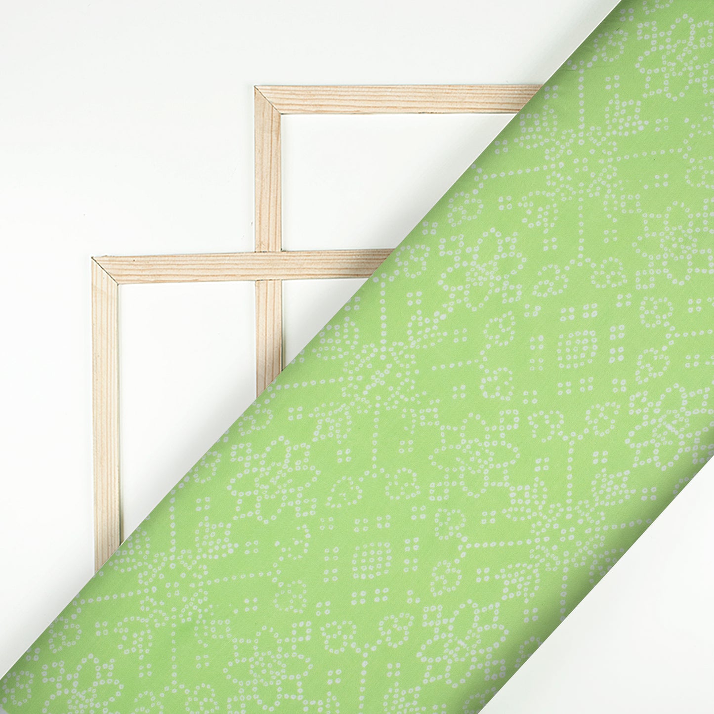Lime Green And White Bandhanii Pattern Digital Print Muslin Fabric
