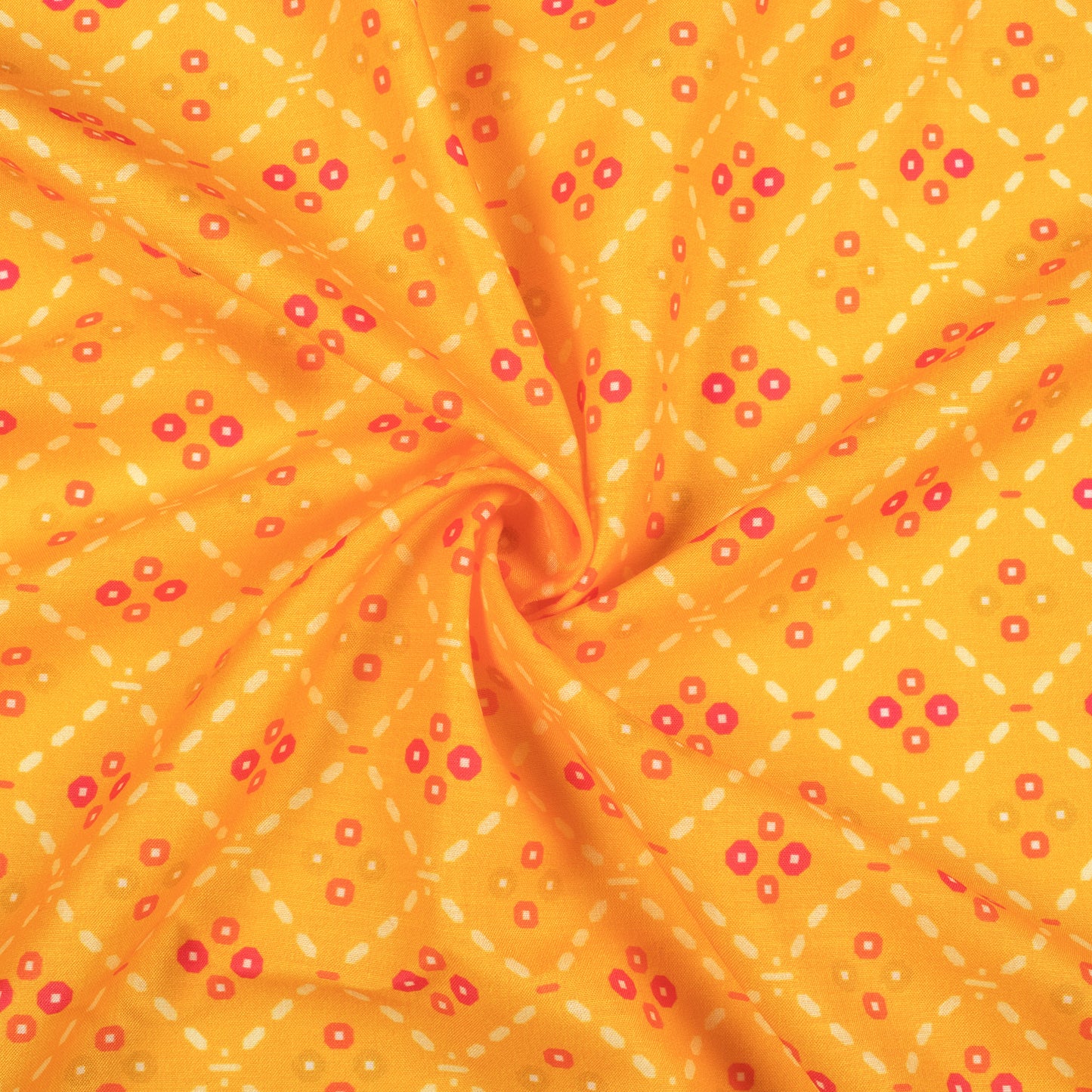 Fire Yellow And Deep Pink Bandhanii Pattern Digital Print Muslin Fabric