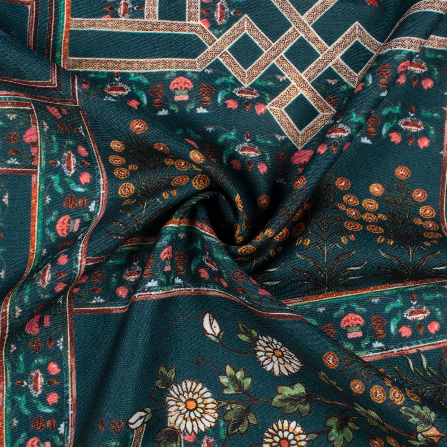 Sacramento Green And Punch Pink Patch Pattern Digital Print Muslin Fabric