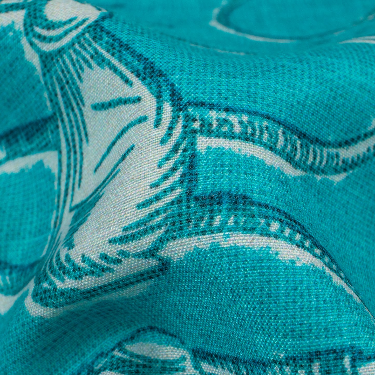 Dark Turquoise And White Quirky Pattern Digital Print Muslin Fabric