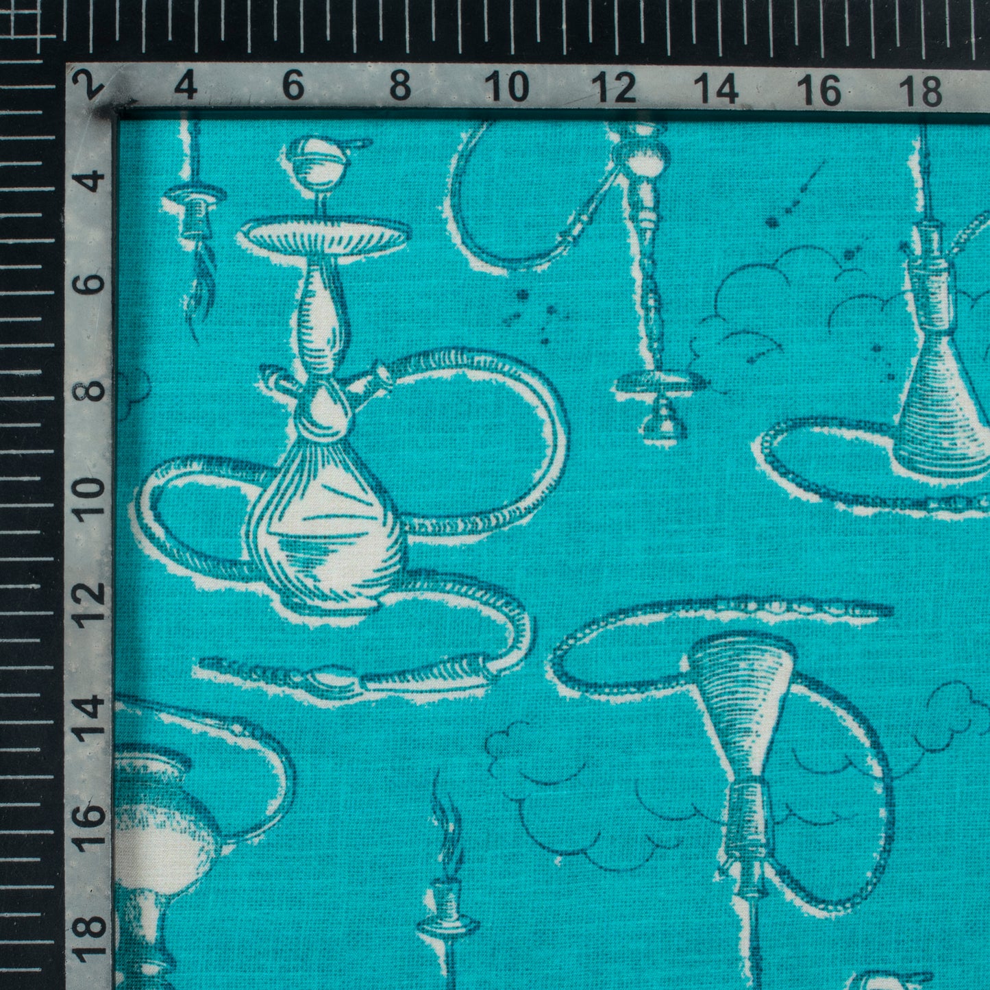 Dark Turquoise And White Quirky Pattern Digital Print Muslin Fabric