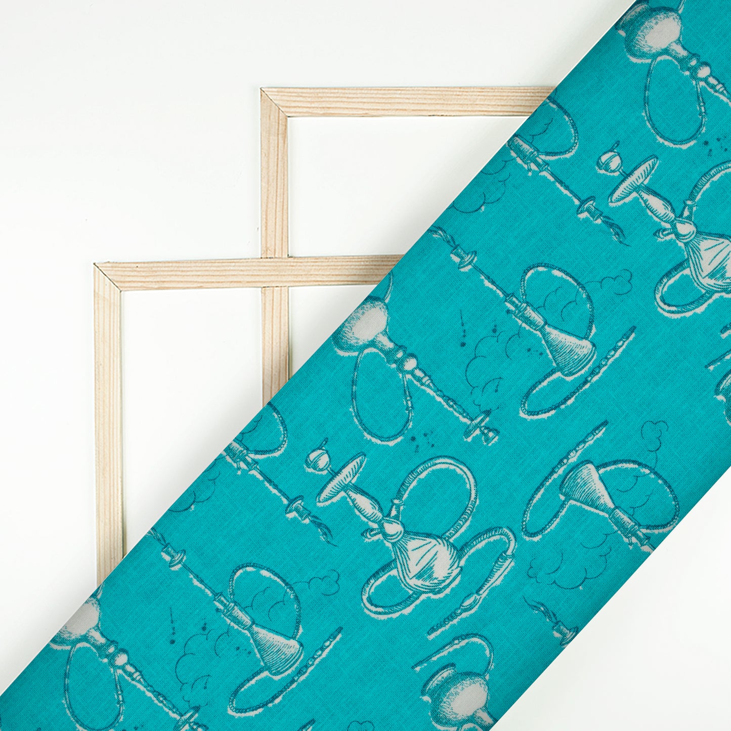 Dark Turquoise And White Quirky Pattern Digital Print Muslin Fabric