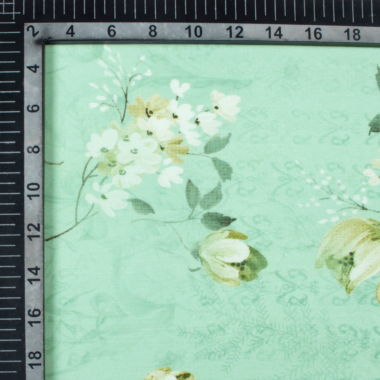 Mint Green And White Floral Pattern Digital Print Muslin Fabric