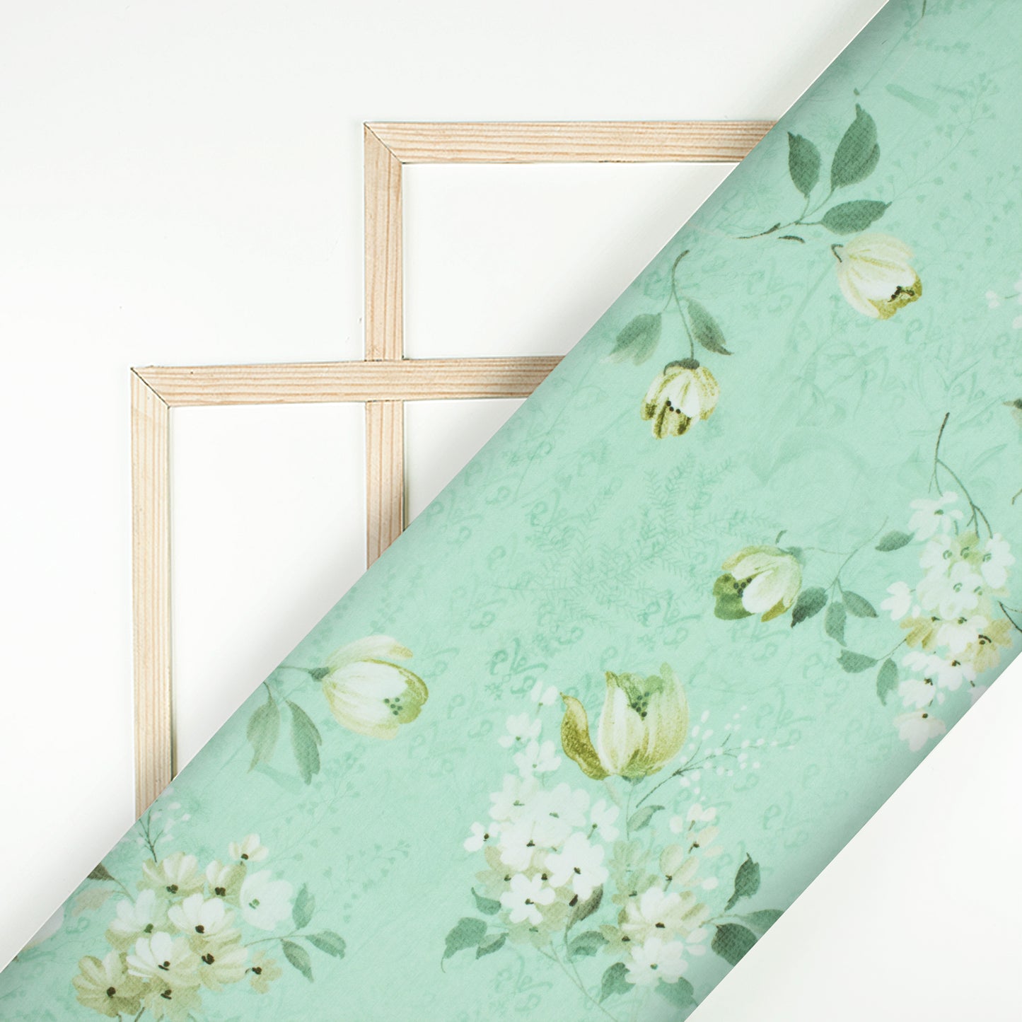 Mint Green And White Floral Pattern Digital Print Muslin Fabric