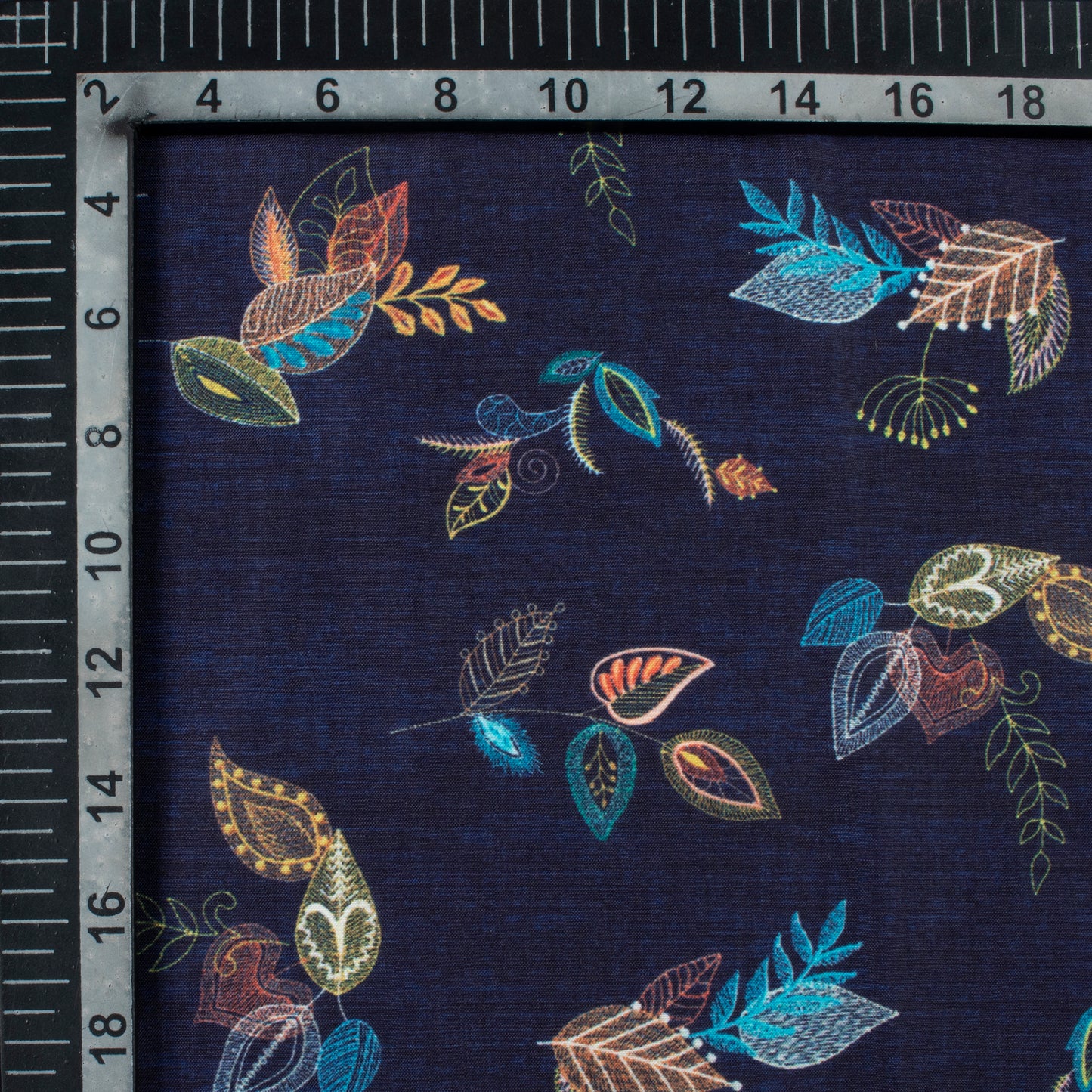 Navy Blue And Orange Leaf Pattern Digital Print Muslin Fabric