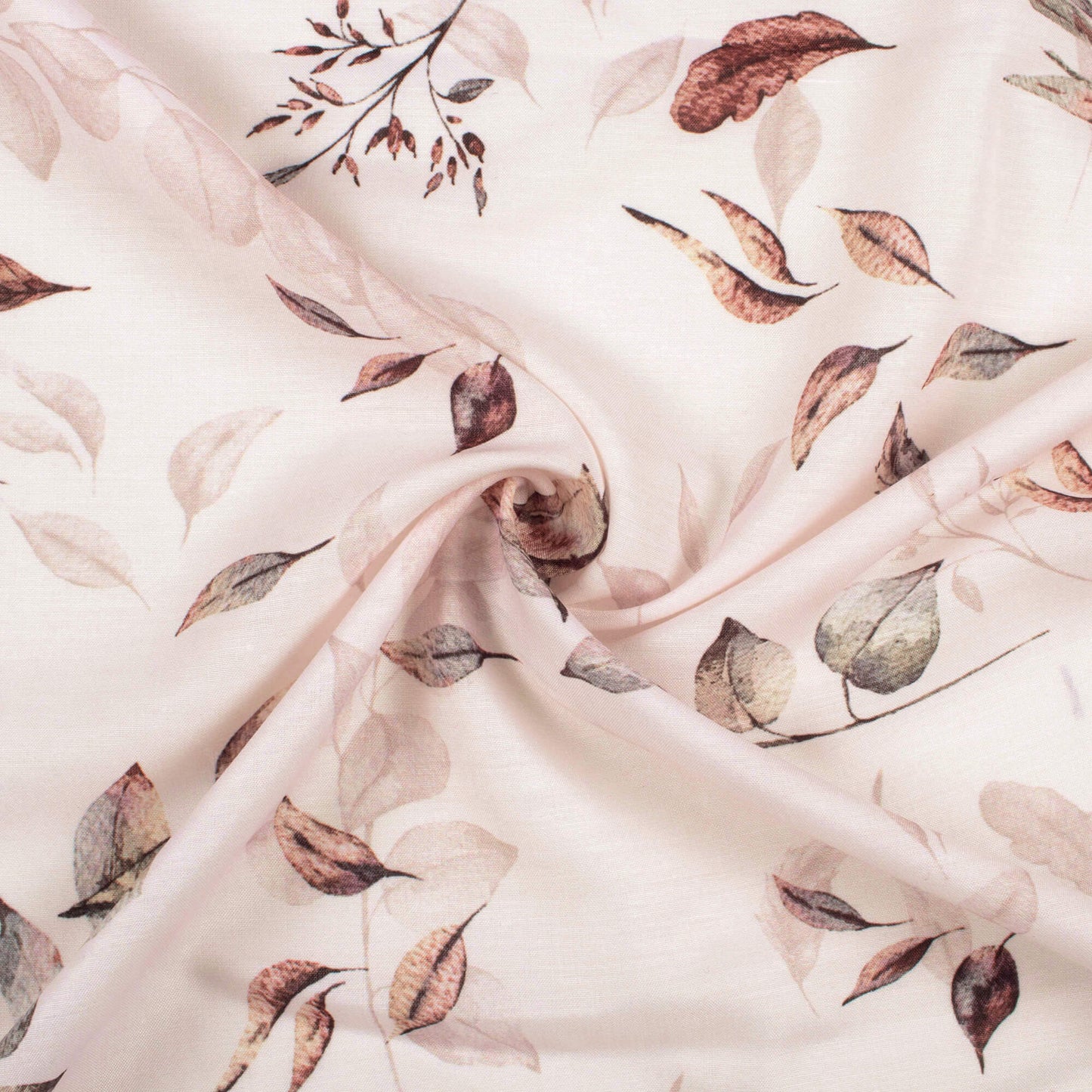 Off White And Brown Leaf Pattern Digital Print Muslin Fabric