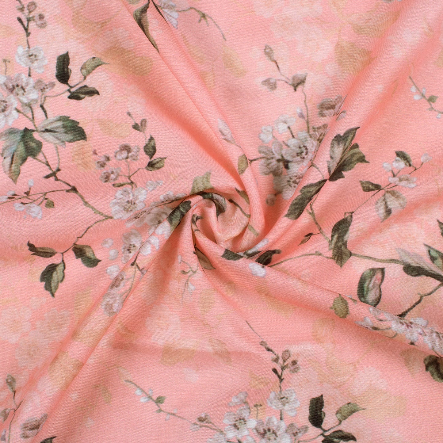 Salmon Pink And Brown Floral Pattern Digital Print Muslin Fabric