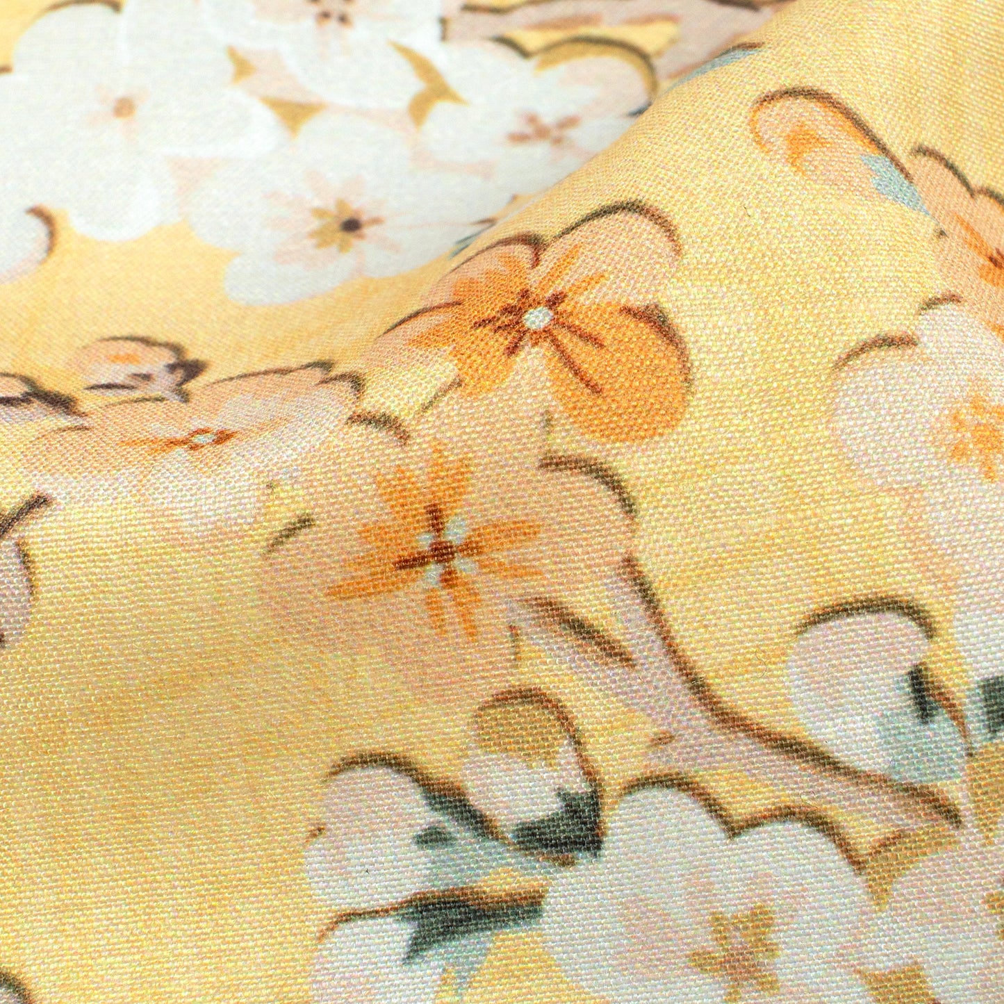 Flaxen Yellow And Peach Floral Pattern Digital Print Muslin Fabric