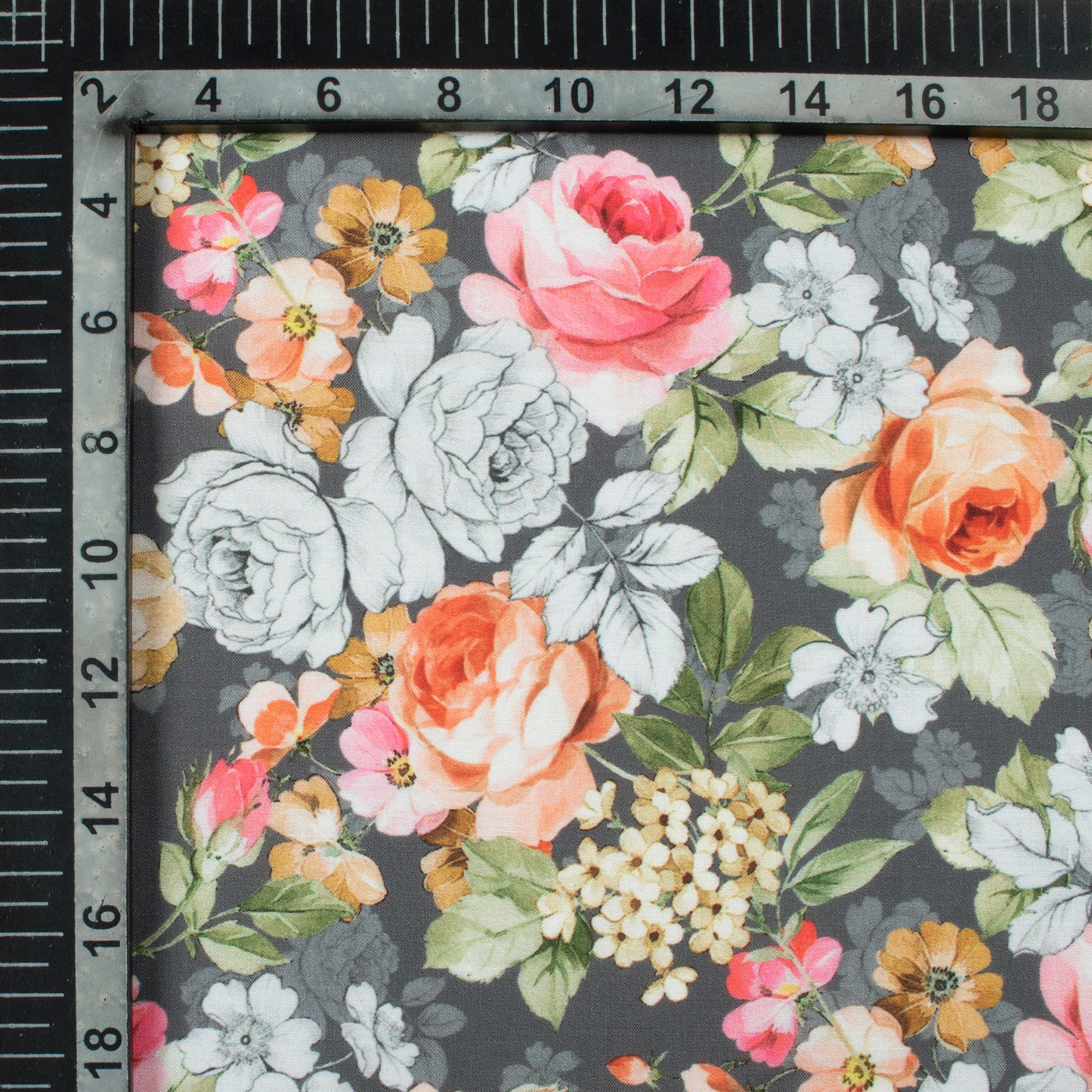 Shark Grey And Pink Floral Pattern Digital Print Muslin Fabric