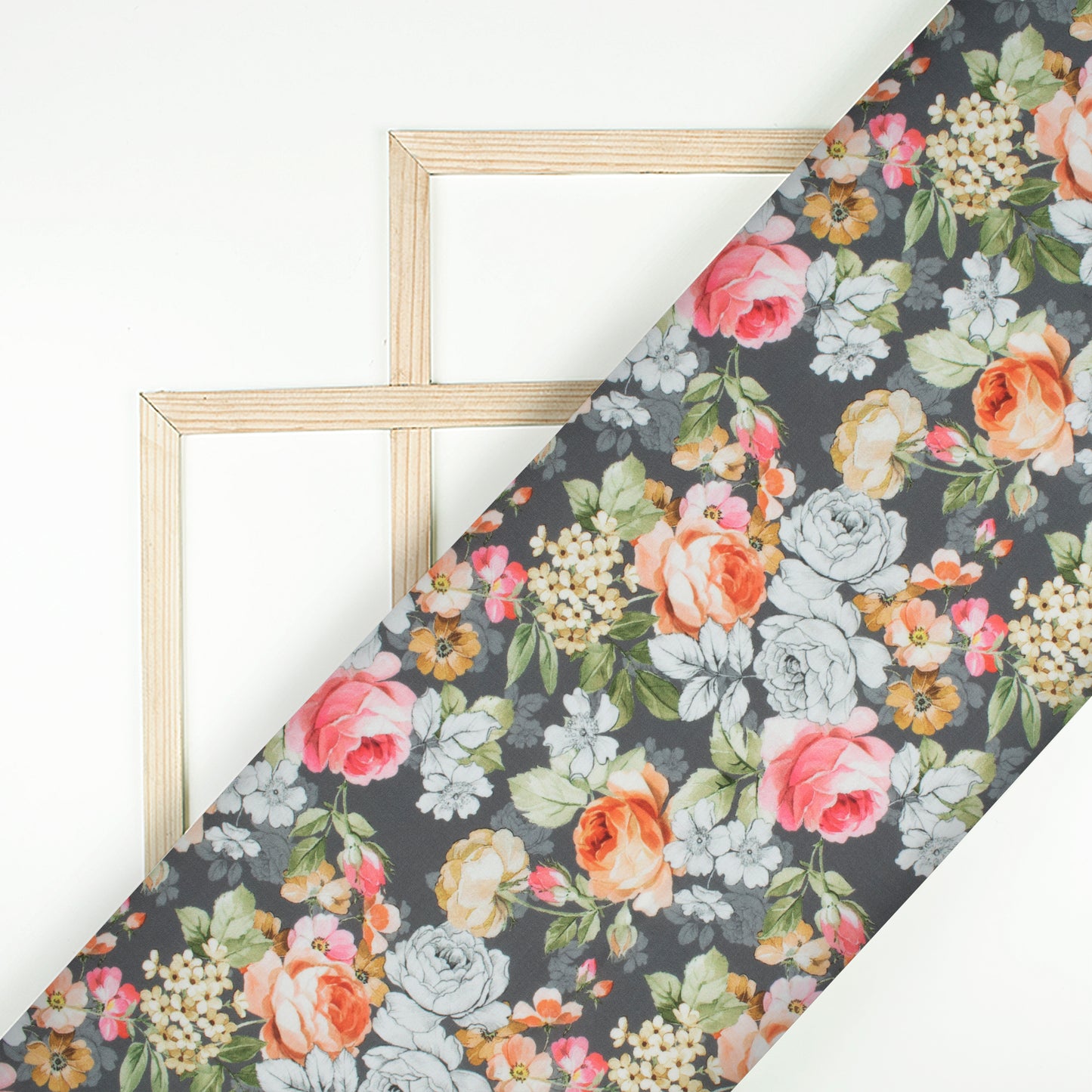Shark Grey And Pink Floral Pattern Digital Print Muslin Fabric