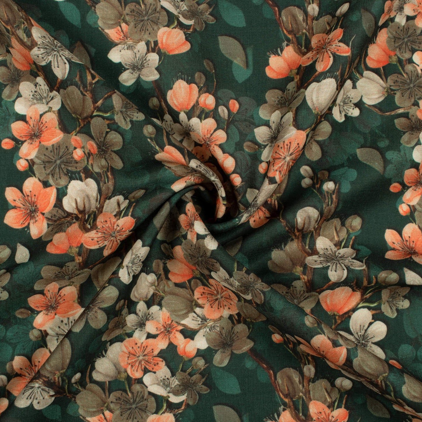 Dark Green And Coral Peach Floral Pattern Digital Print Muslin Fabric