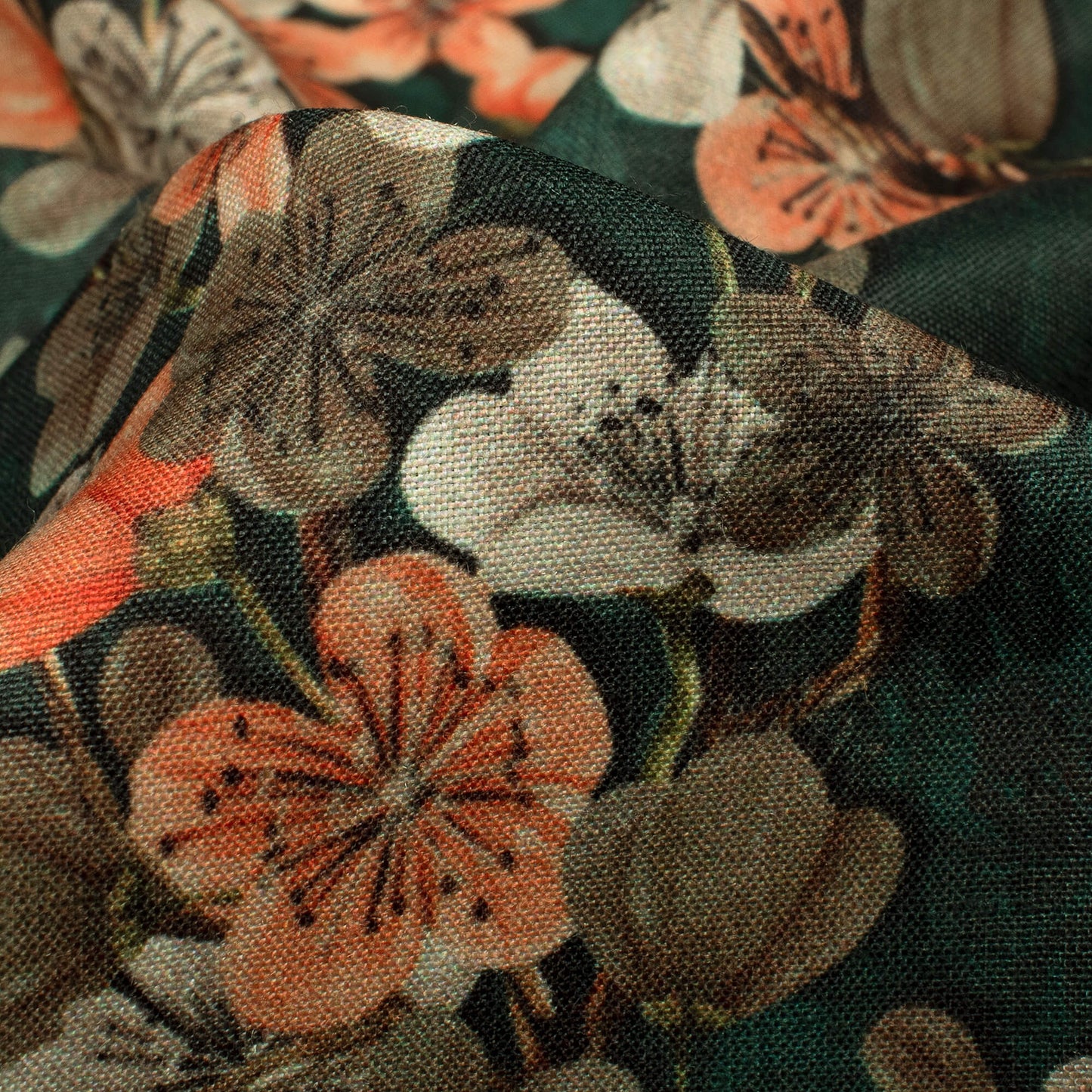 Dark Green And Coral Peach Floral Pattern Digital Print Muslin Fabric