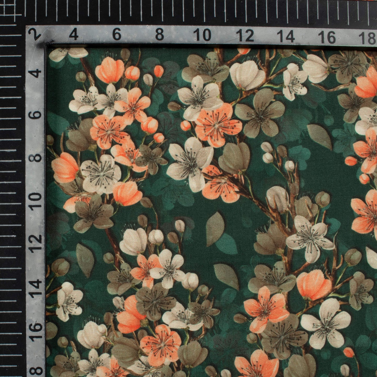 Dark Green And Coral Peach Floral Pattern Digital Print Muslin Fabric