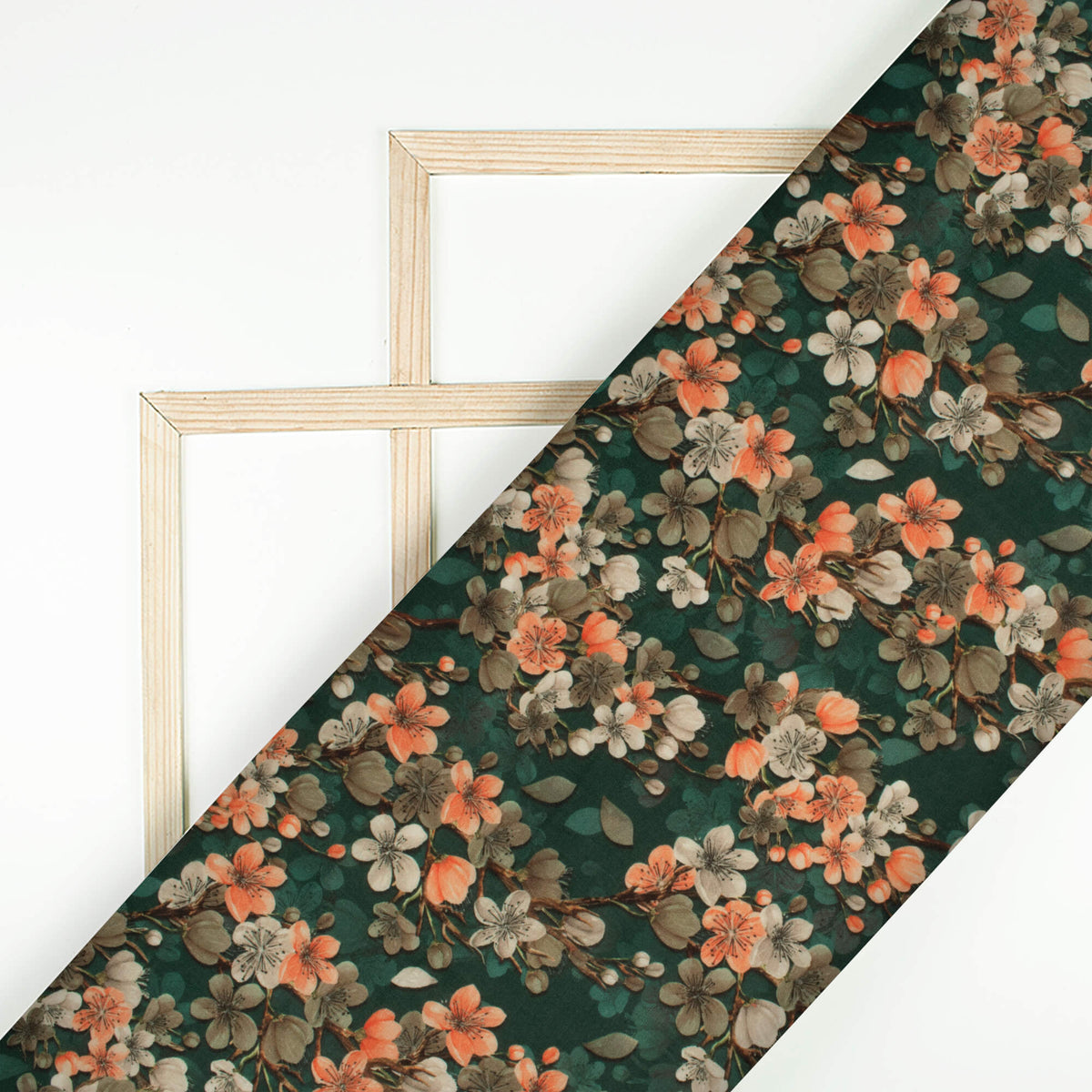 Dark Green And Coral Peach Floral Pattern Digital Print Muslin Fabric