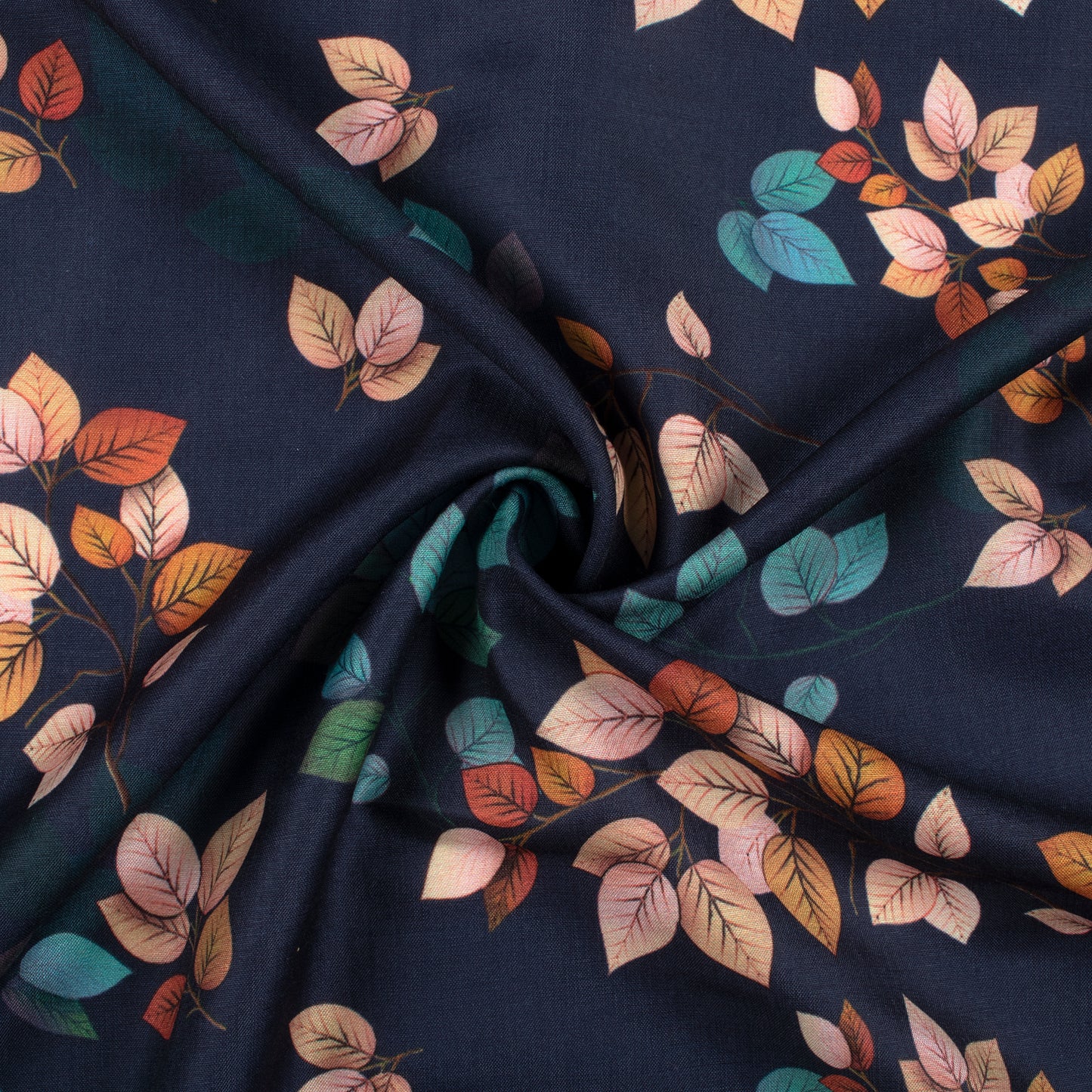 Navy Blue And Light Peach Leaf Pattern Digital Print Muslin Fabric