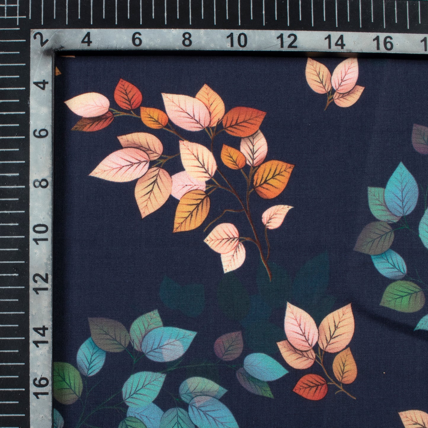 Navy Blue And Light Peach Leaf Pattern Digital Print Muslin Fabric