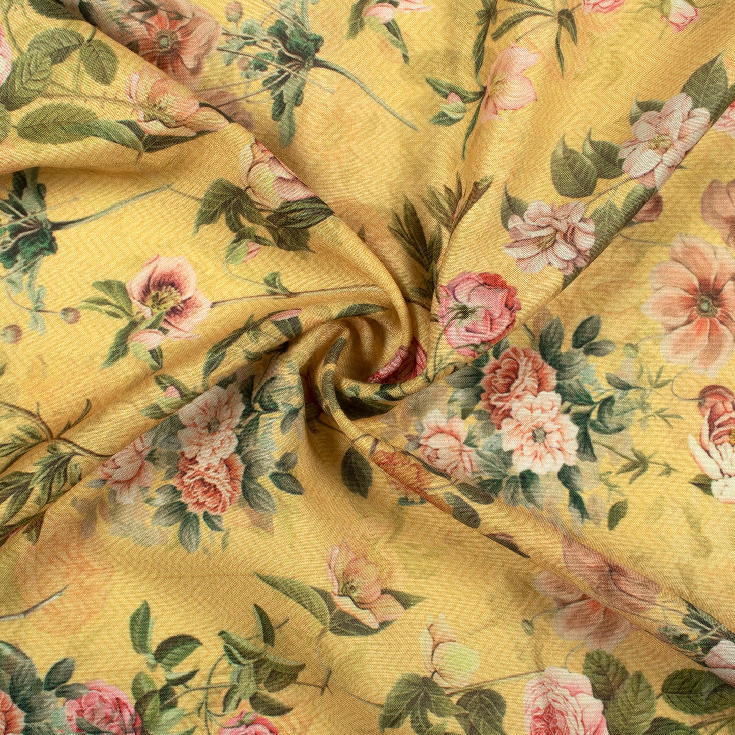 Flaxen Yellow And Red Floral Pattern Digital Print Muslin Fabric