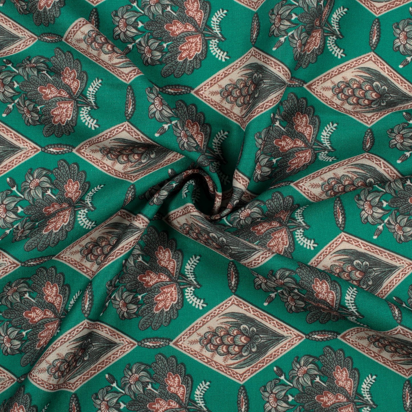 Forest Green And Blood Red Floral Pattern Digital Print Muslin Fabric