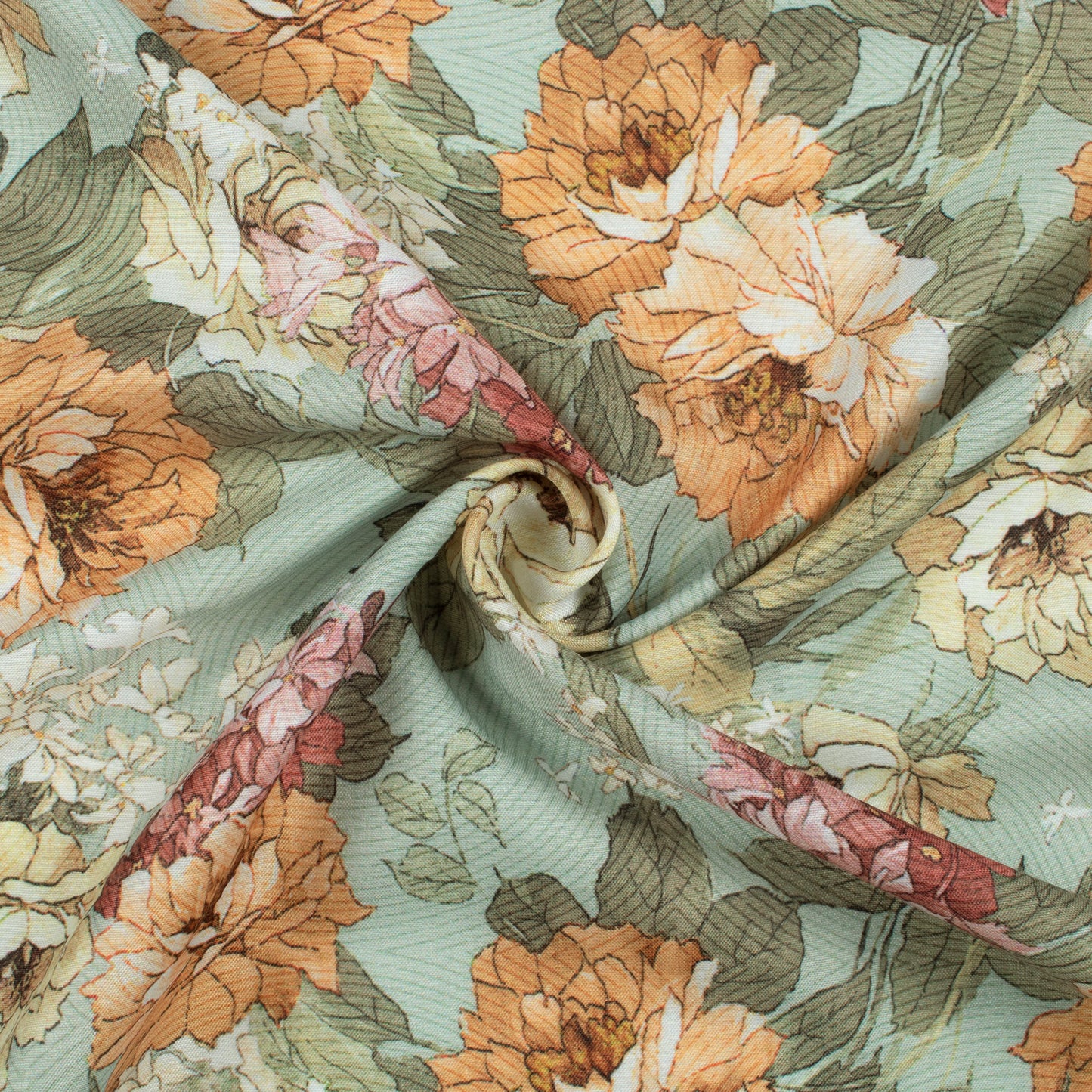 Sage Green And Dusty Pink Floral Pattern Digital Print Muslin Fabric