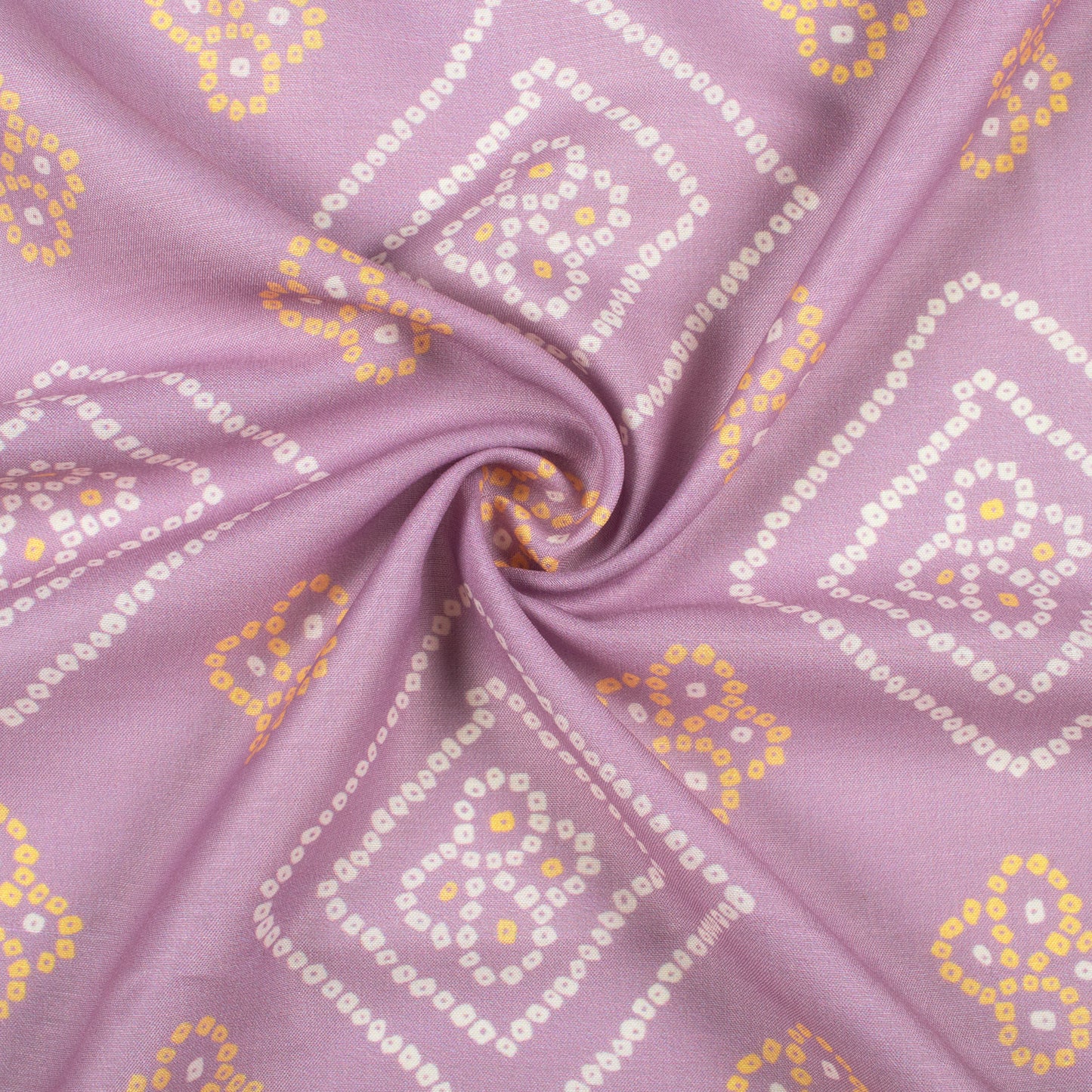 Mauve Purple And Yellow Bandhanii Pattern Digital Print Muslin Fabric