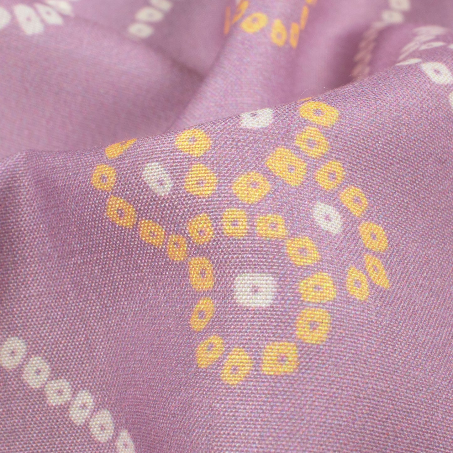 Mauve Purple And Yellow Bandhanii Pattern Digital Print Muslin Fabric