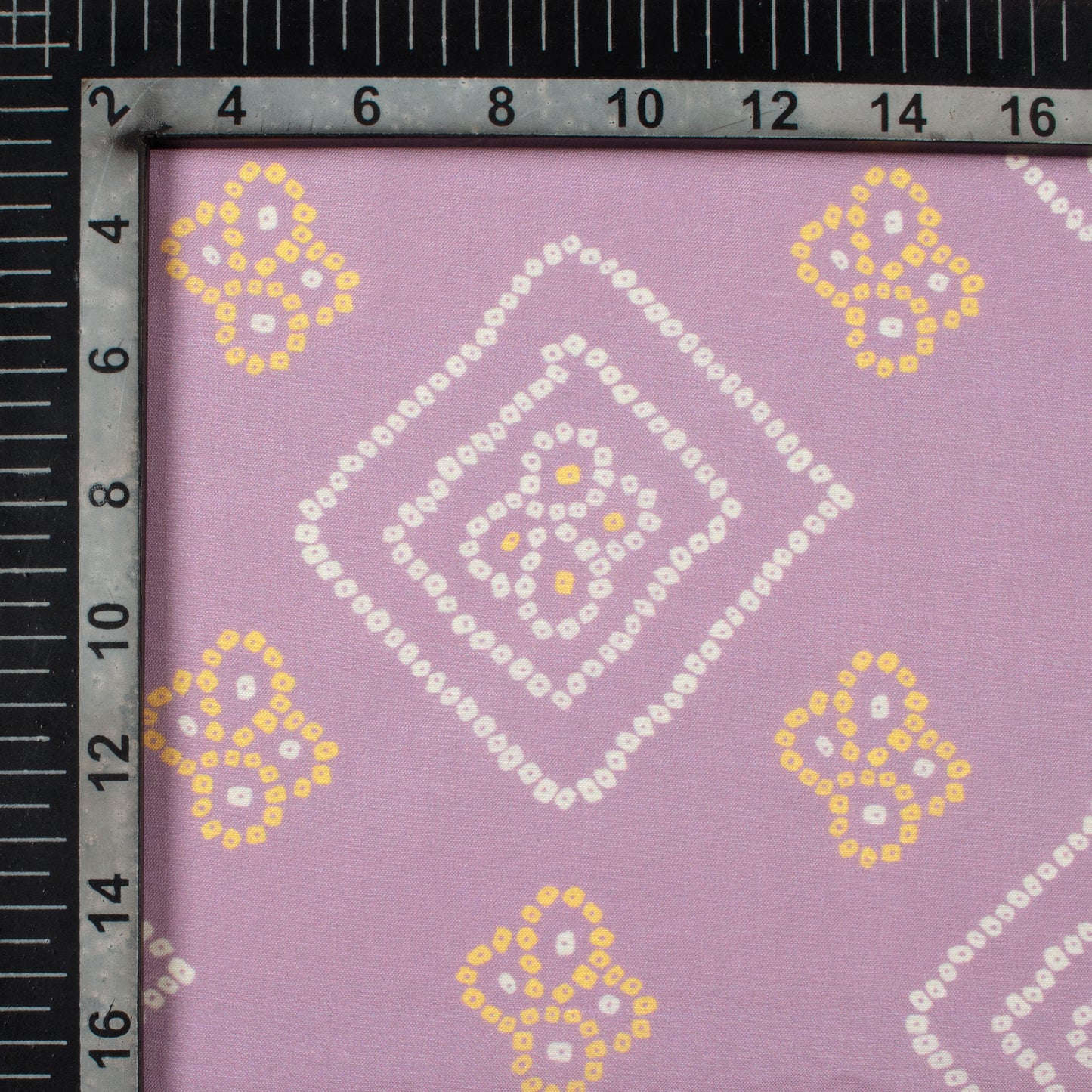 Mauve Purple And Yellow Bandhanii Pattern Digital Print Muslin Fabric
