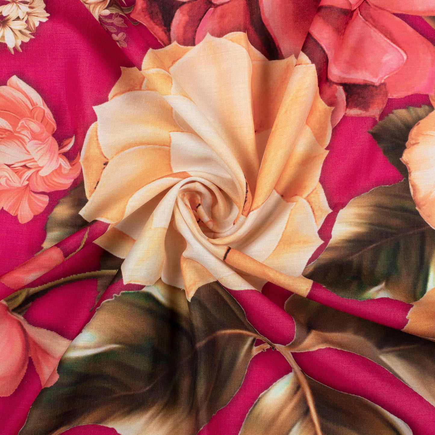 Magenta Pink And Peach Floral Pattern Digital Print Muslin Fabric