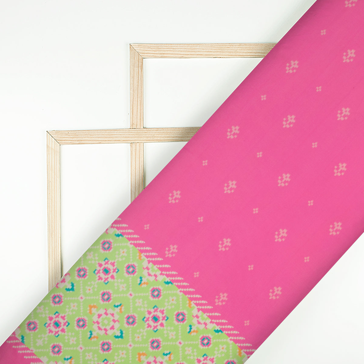 Creamy Pink And Lime Green Daman Pattern Digital Print Muslin Fabric