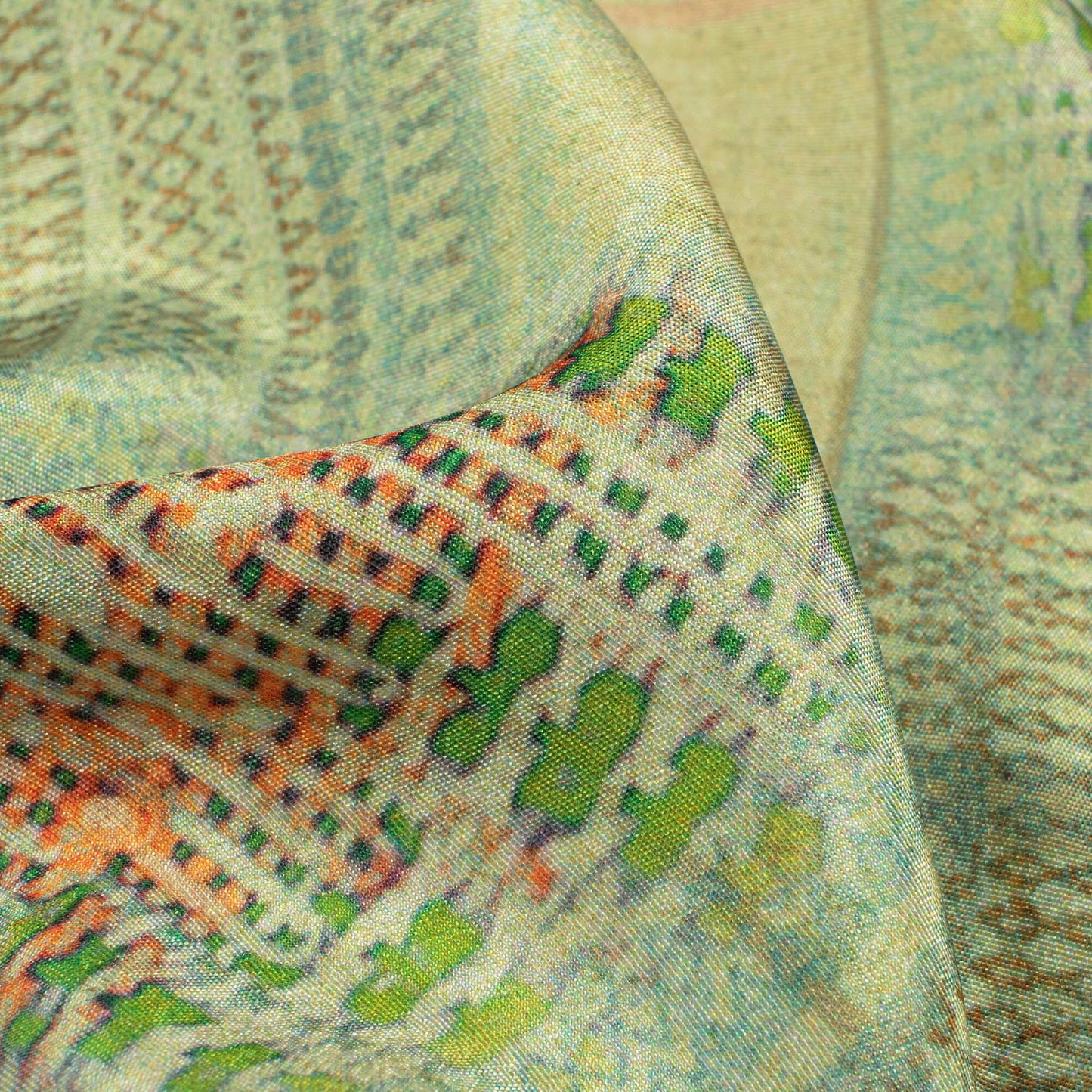 Moss Green And Orange Traditional Pattern Digital Print Crepe Silk Fabric