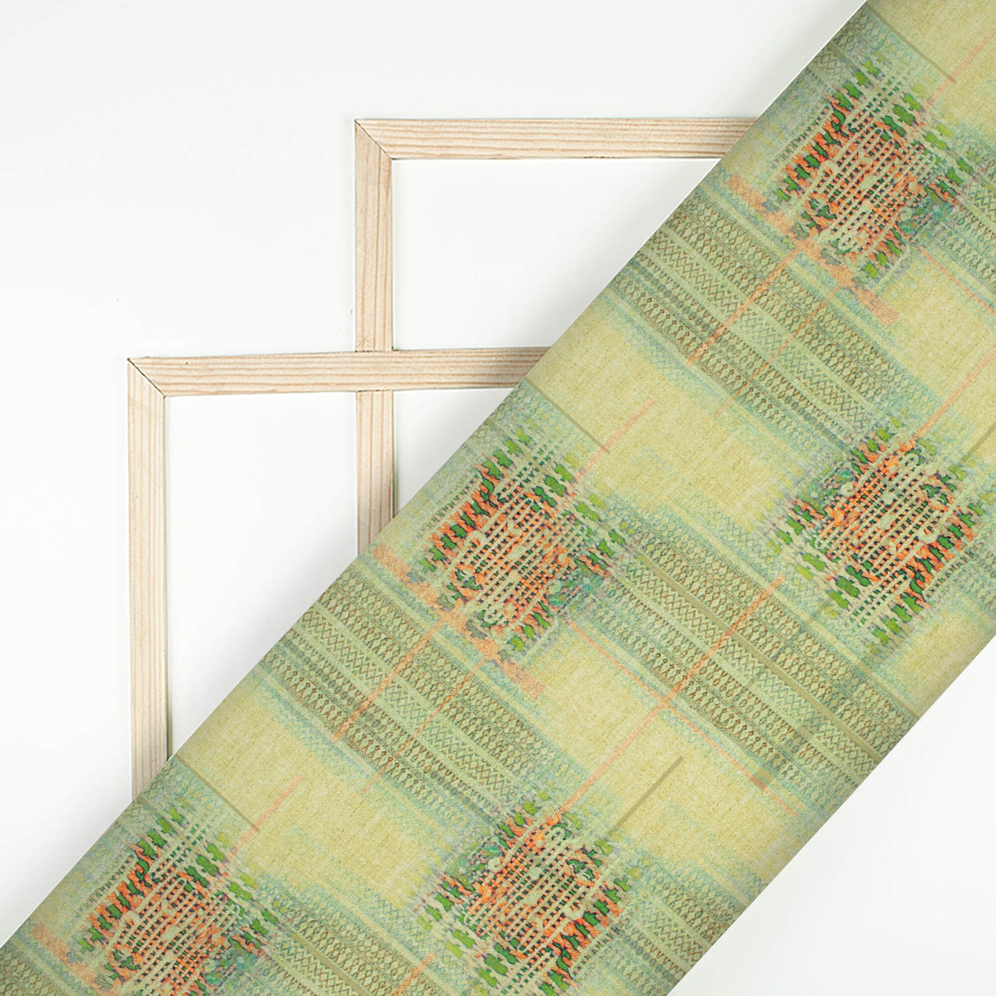 Moss Green And Orange Traditional Pattern Digital Print Crepe Silk Fabric