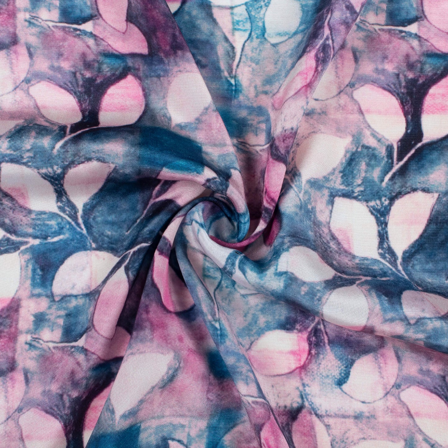 Pearly Purple And Prussian Blue Leaf Pattern Digital Print Crepe Silk Fabric