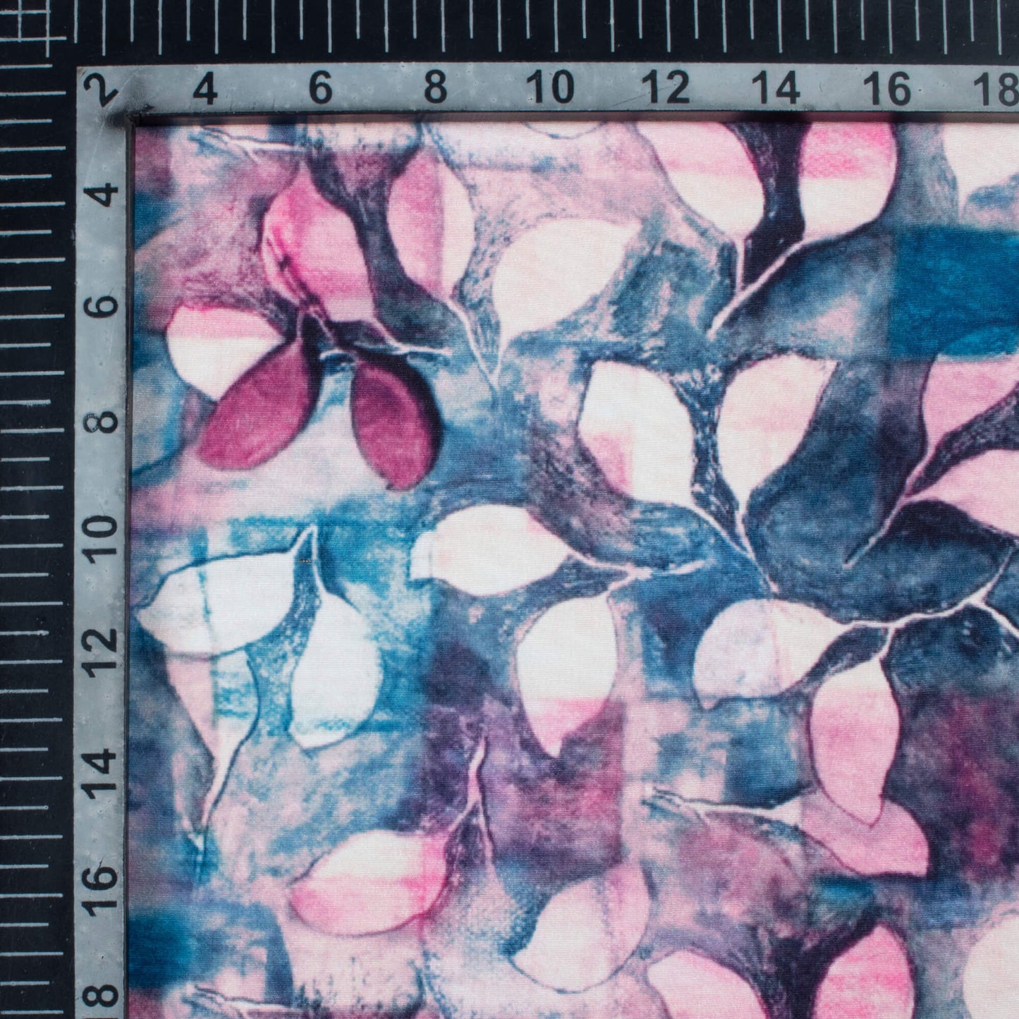 Pearly Purple And Prussian Blue Leaf Pattern Digital Print Crepe Silk Fabric
