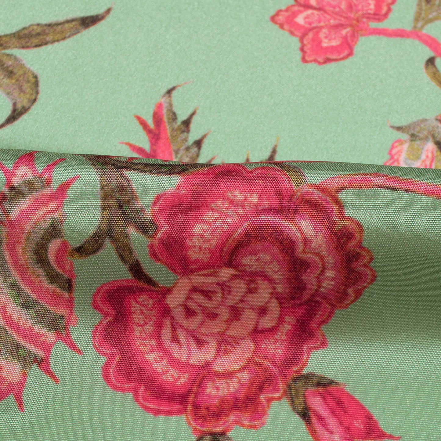 Pastel Green And Magenta Pink Floral Pattern Digital Print Crepe Silk Fabric