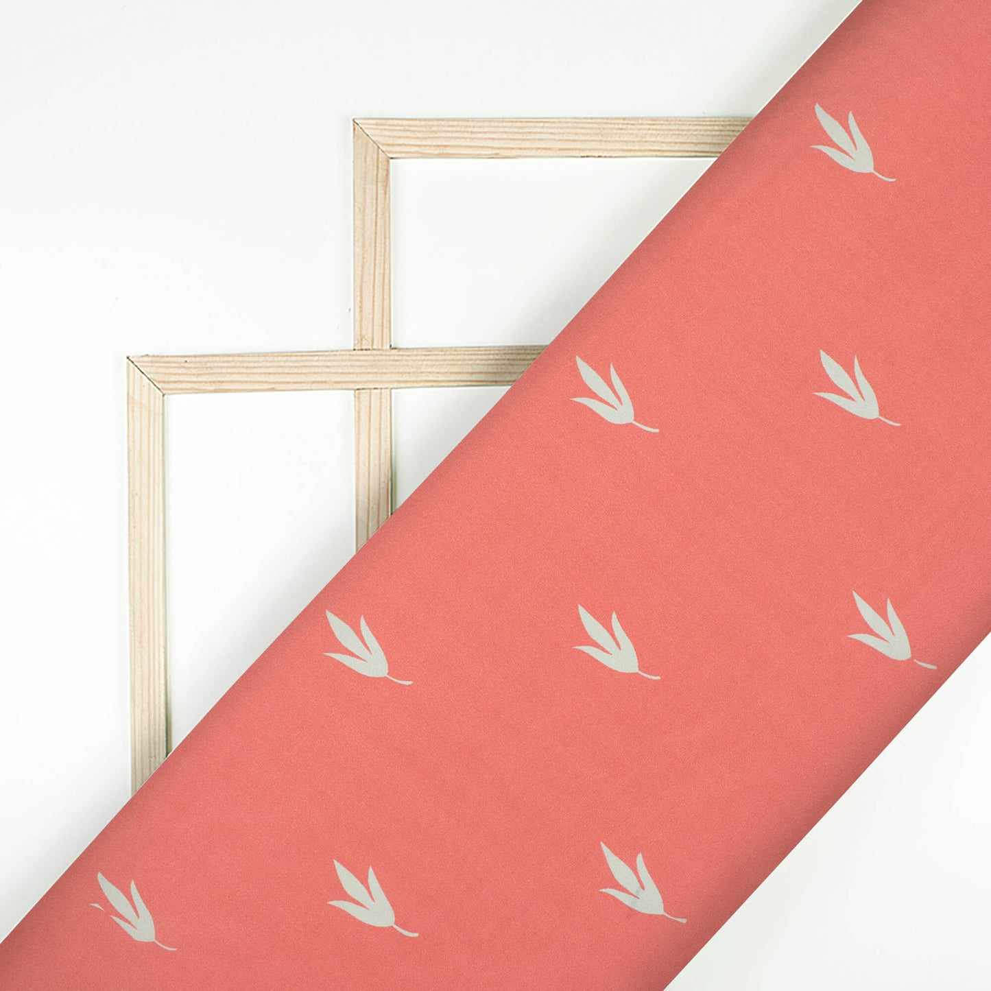 Coral Pink And White Leaf Pattern Digital Print Crepe Silk Fabric