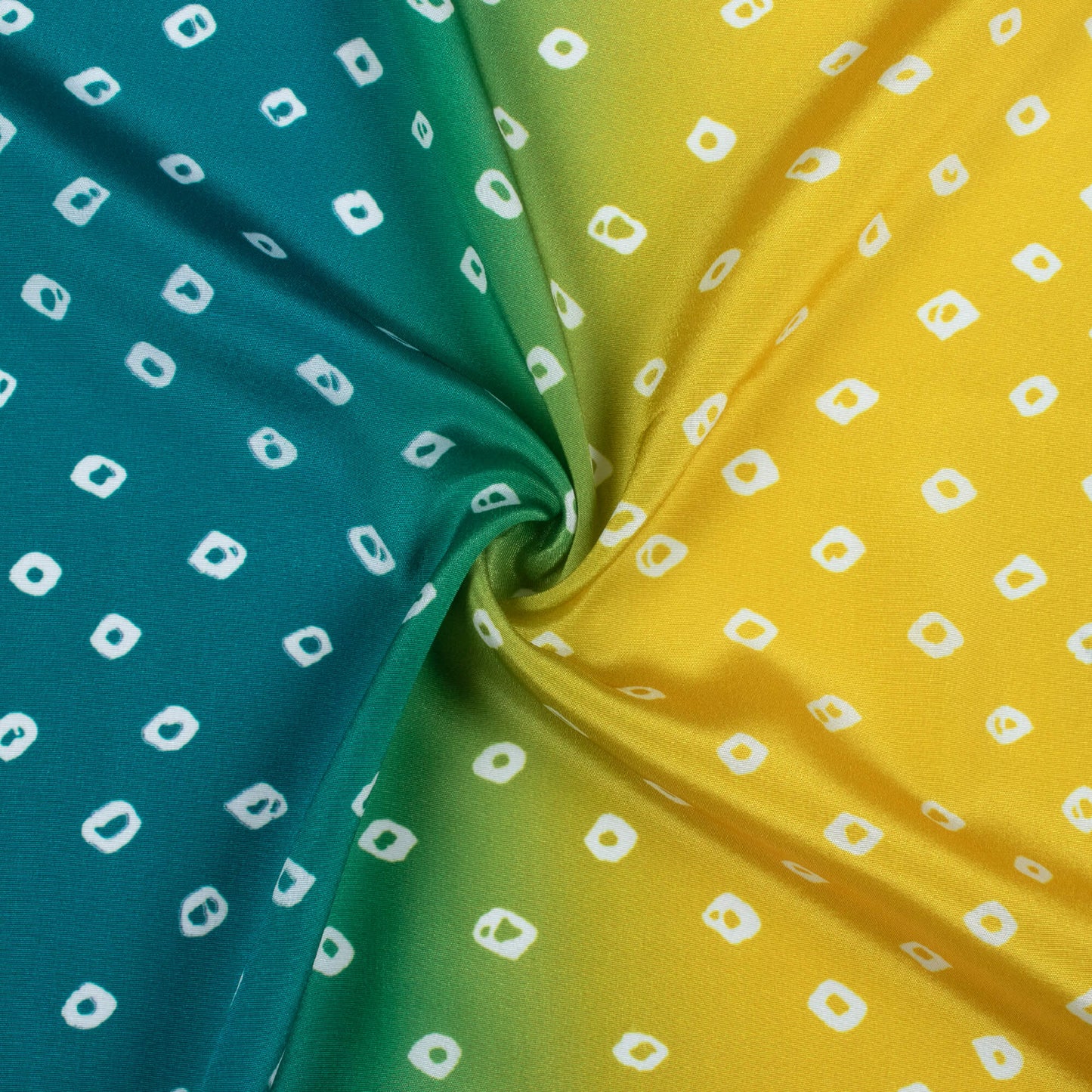 Yellow And Prussian Green Bandhanii Pattern Digital Print Crepe Silk Fabric