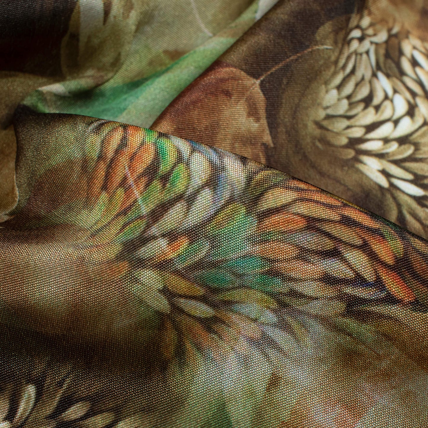 Coffee Brown And Basil Green Leaf Pattern Digital Print Crepe Silk Fabric