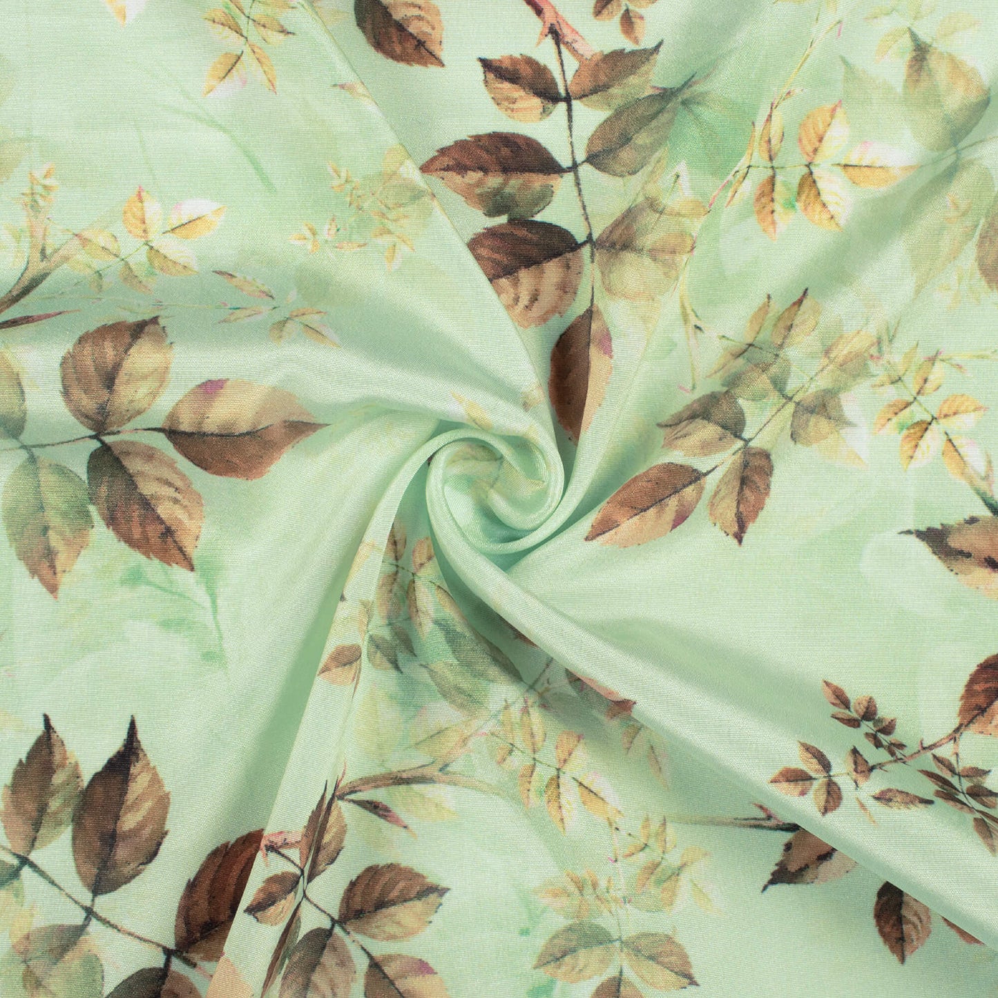 Tea Green And Brown Leaf Pattern Digital Print Crepe Silk Fabric