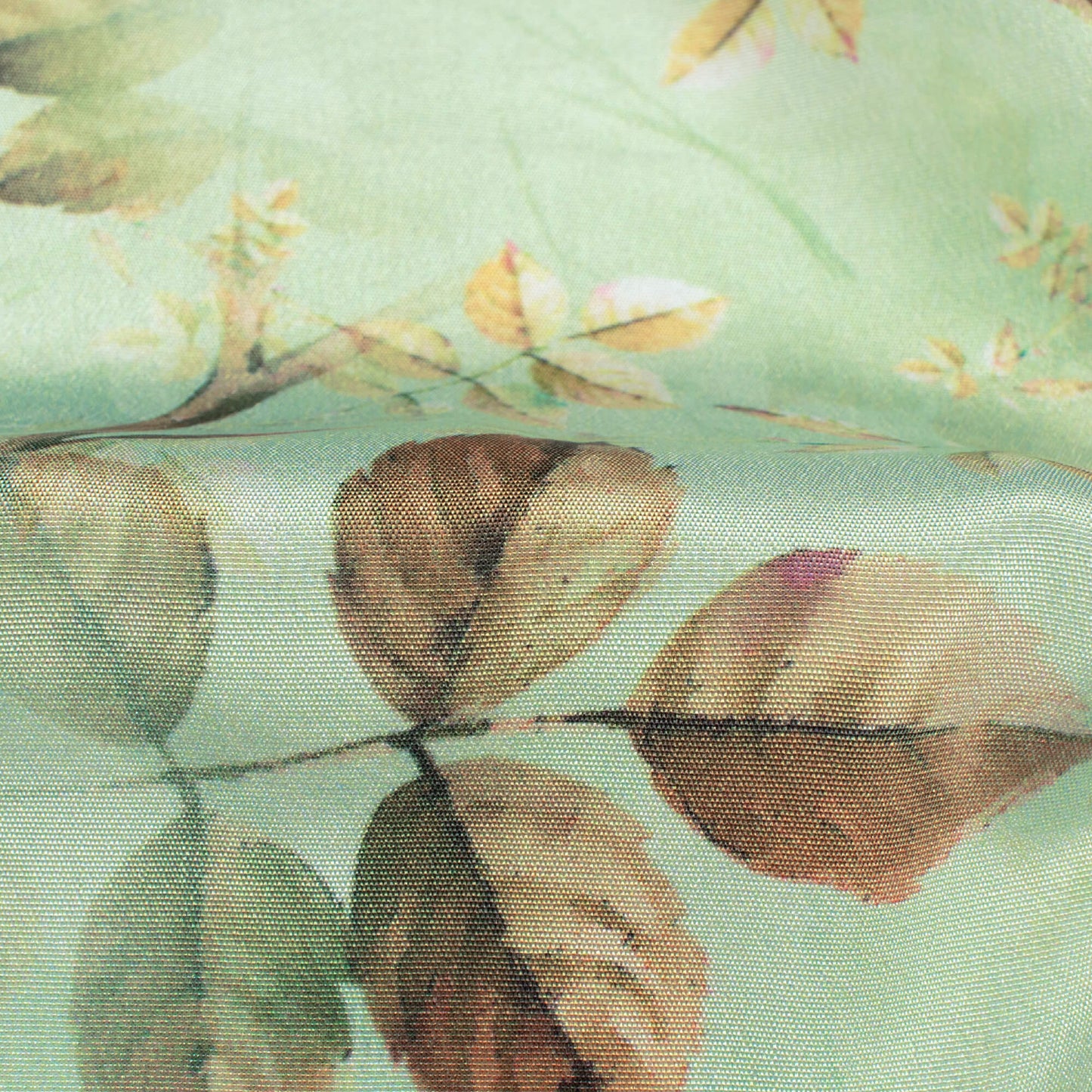 Tea Green And Brown Leaf Pattern Digital Print Crepe Silk Fabric