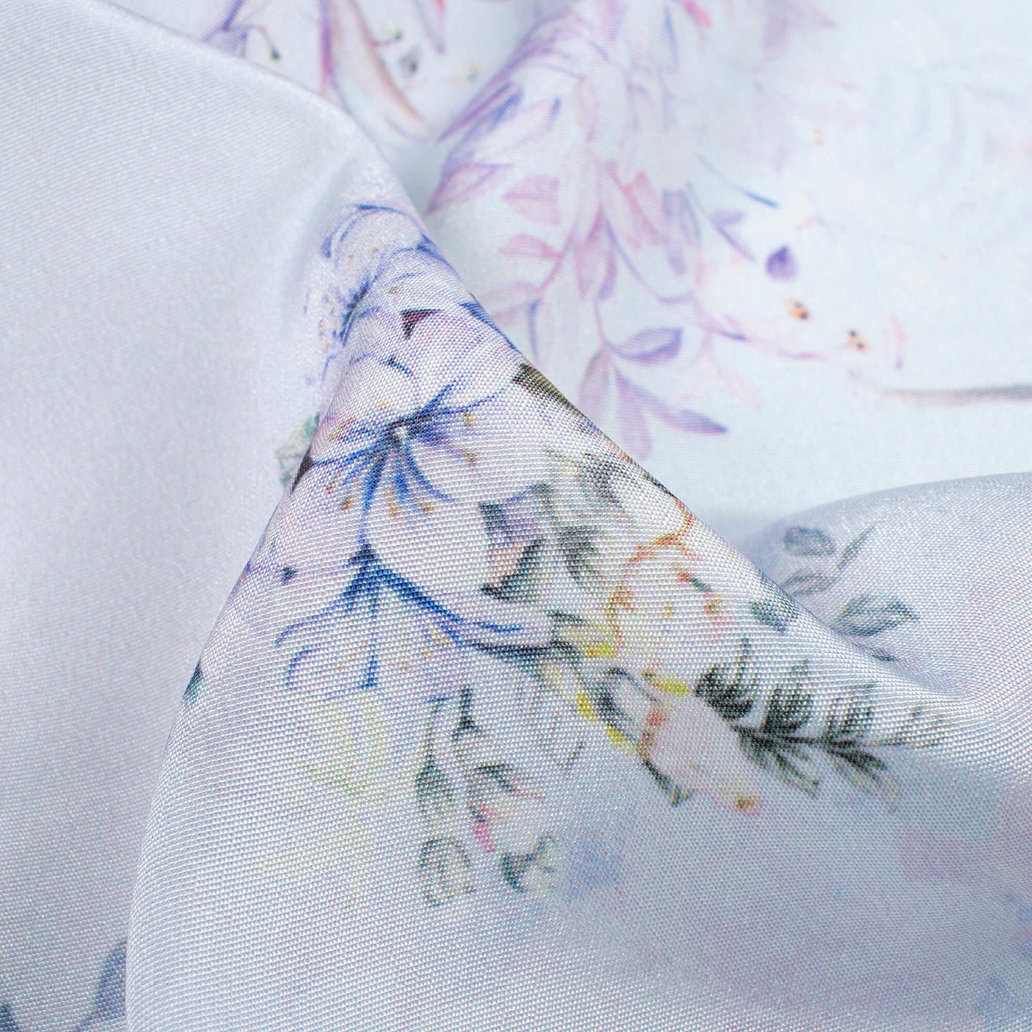 Snow White And Lavender Purple Floral Pattern Digital Print Crepe Silk Fabric