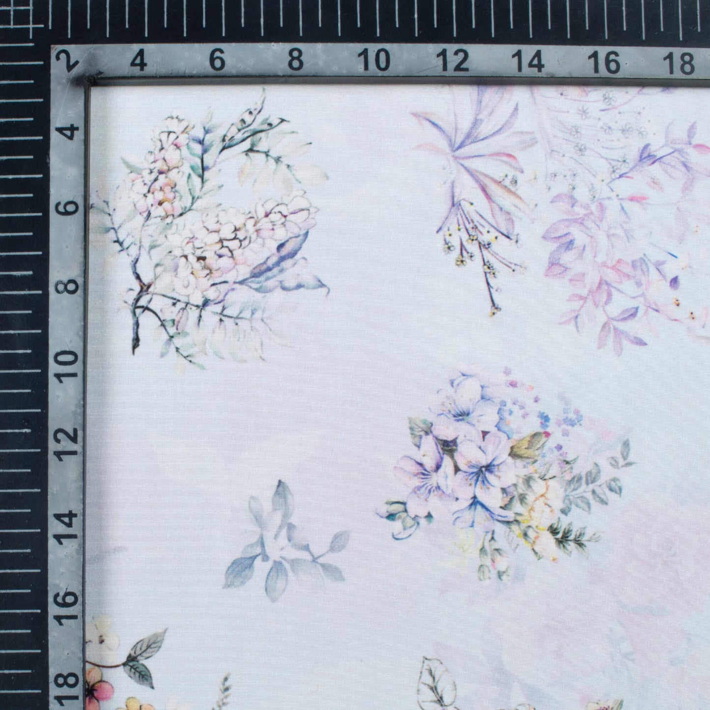 Snow White And Lavender Purple Floral Pattern Digital Print Crepe Silk Fabric