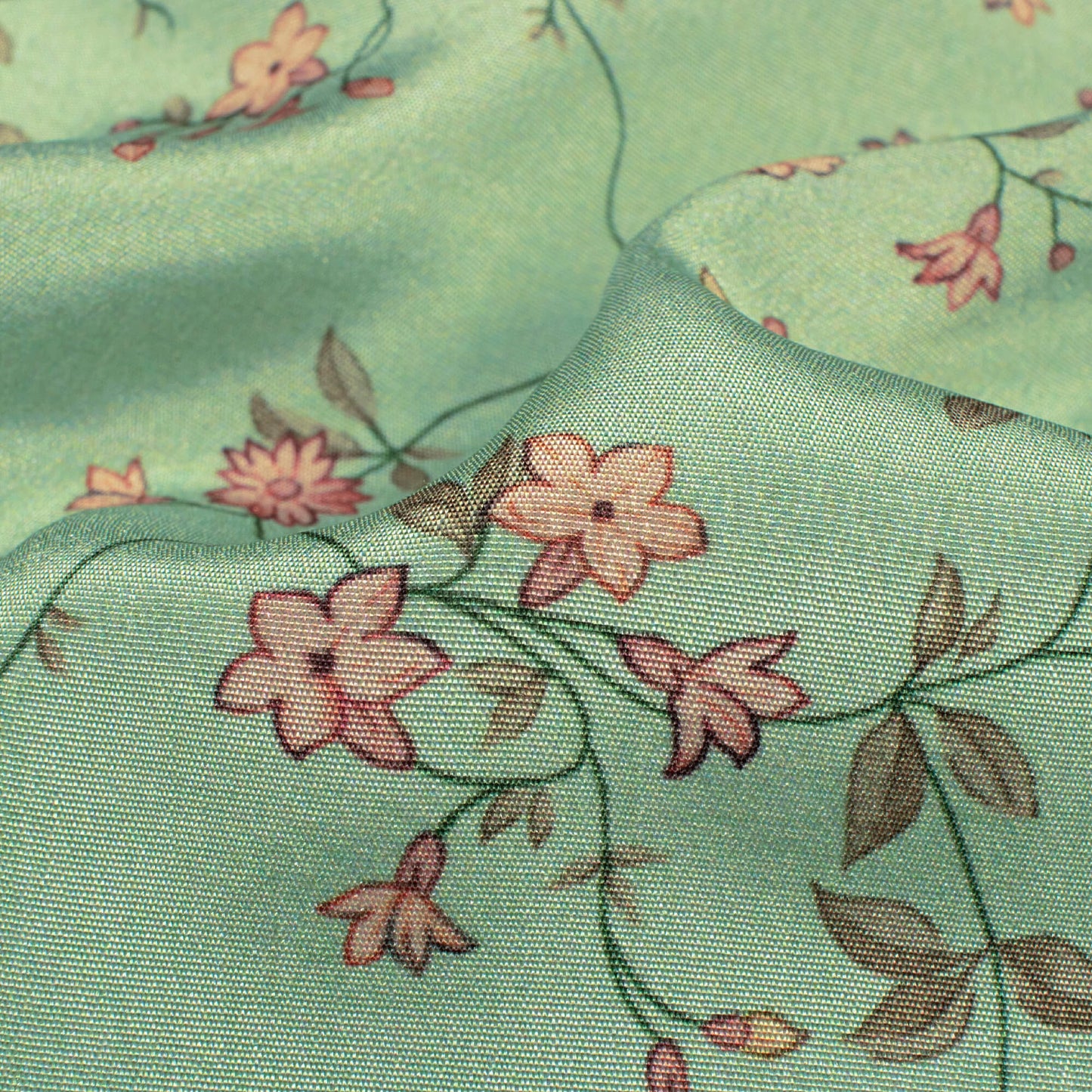 Pistachio Green And Peach Floral Pattern Digital Print Crepe Silk Fabric