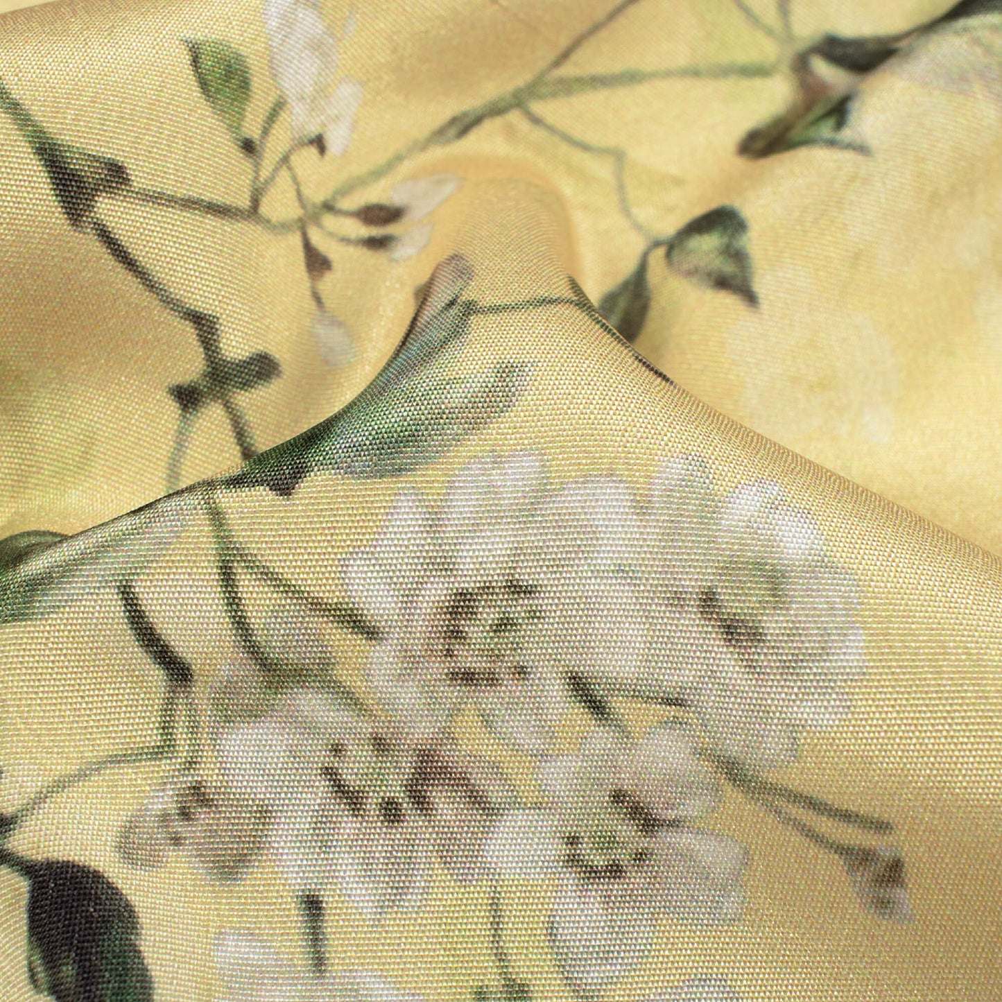 Mellow Yellow And Oyster Grey Floral Pattern Digital Print Crepe Silk Fabric