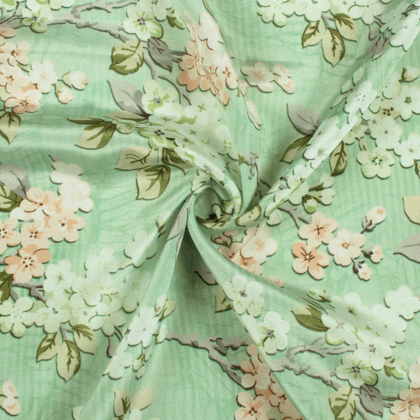 Pistachio Green And Peach Floral Pattern Digital Print Crepe Silk Fabric