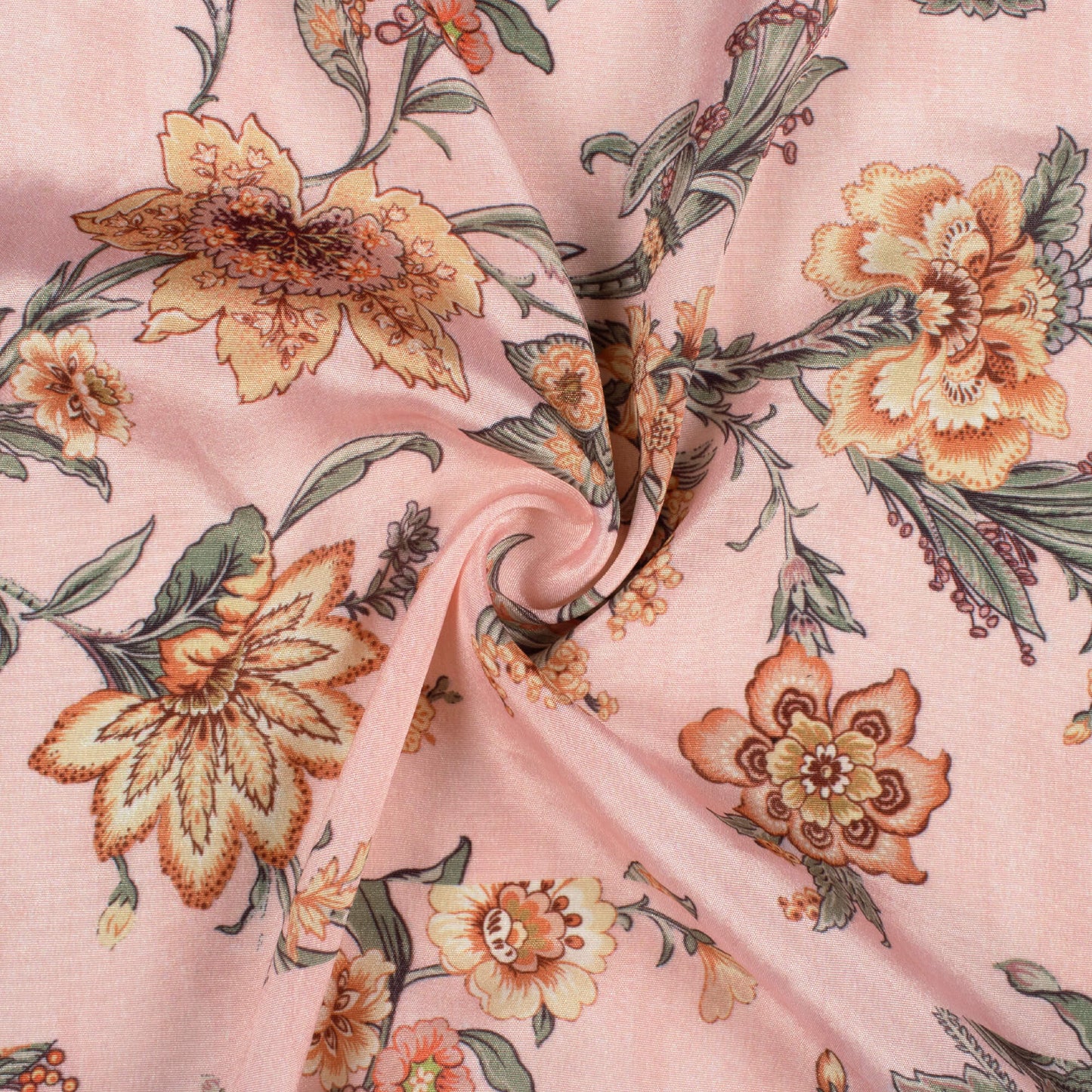 Pastel Pink And Orange Floral Pattern Digital Print Crepe Silk Fabric