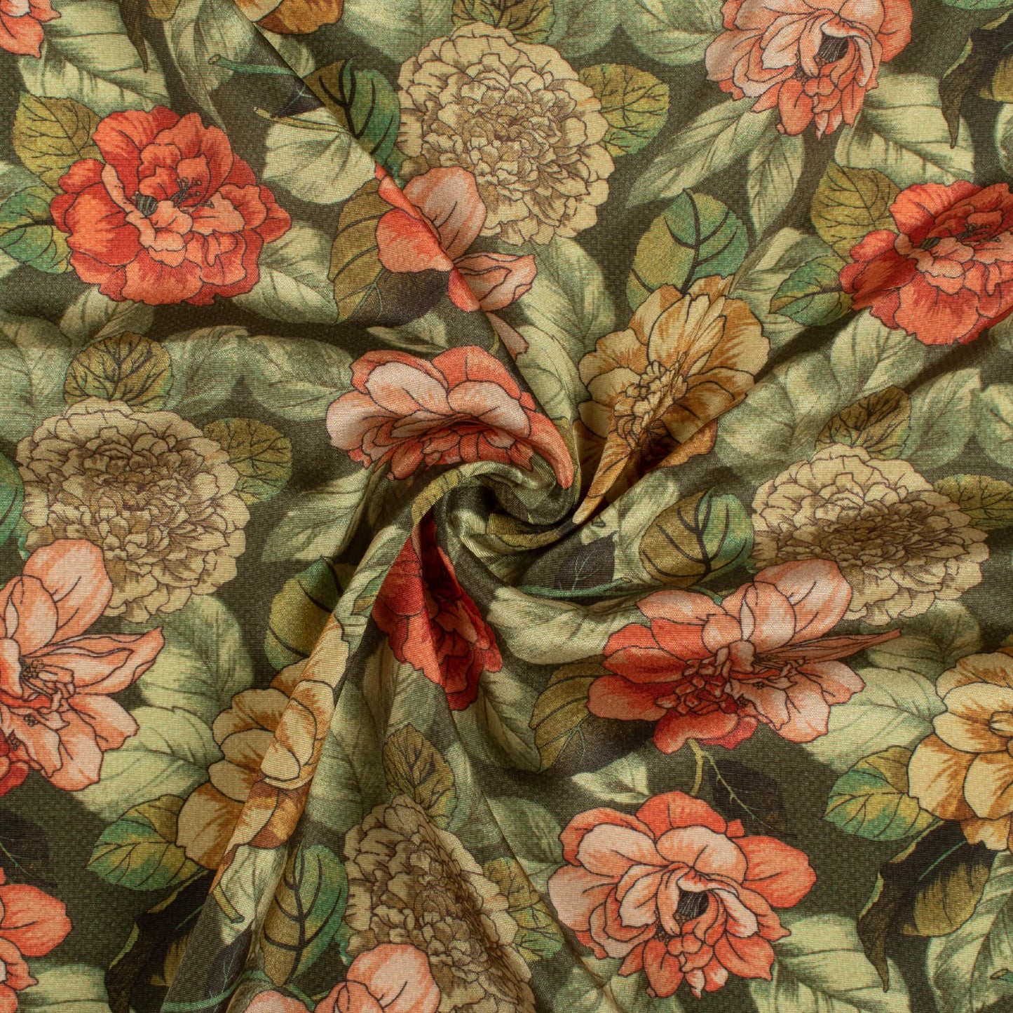 Olive Green And Red Floral Pattern Digital Print Crepe Silk Fabric