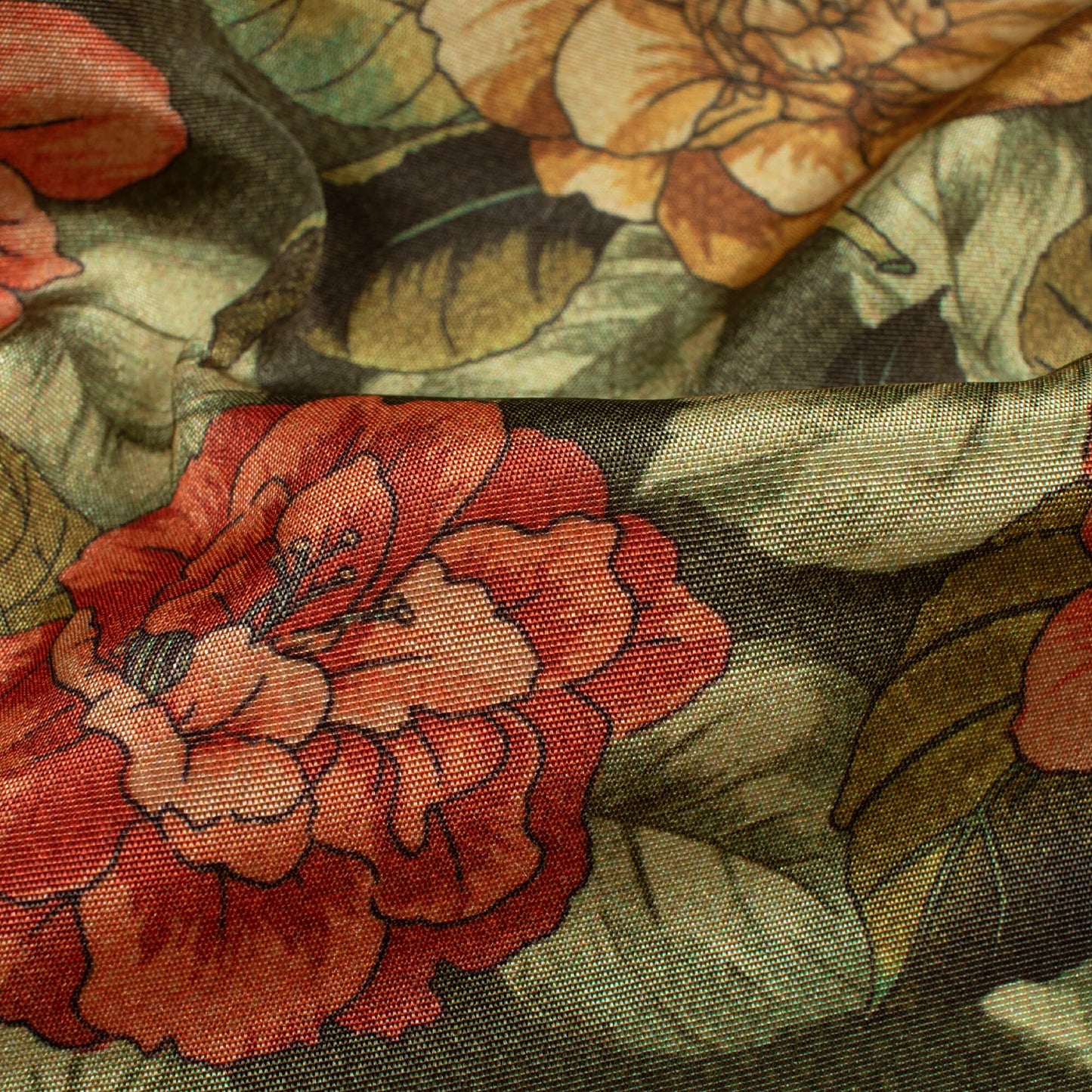 Olive Green And Red Floral Pattern Digital Print Crepe Silk Fabric