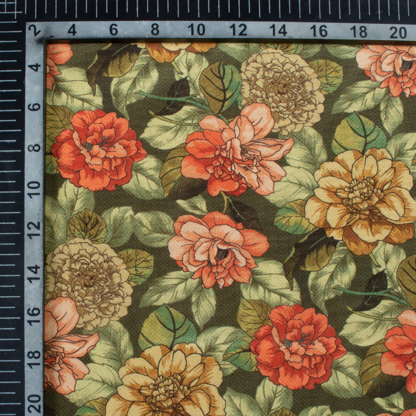 Olive Green And Red Floral Pattern Digital Print Crepe Silk Fabric