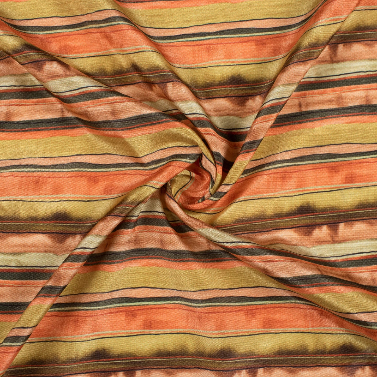 Dijon Yellow And Coral Peach Stripes Pattern Digital Print Crepe Silk Fabric