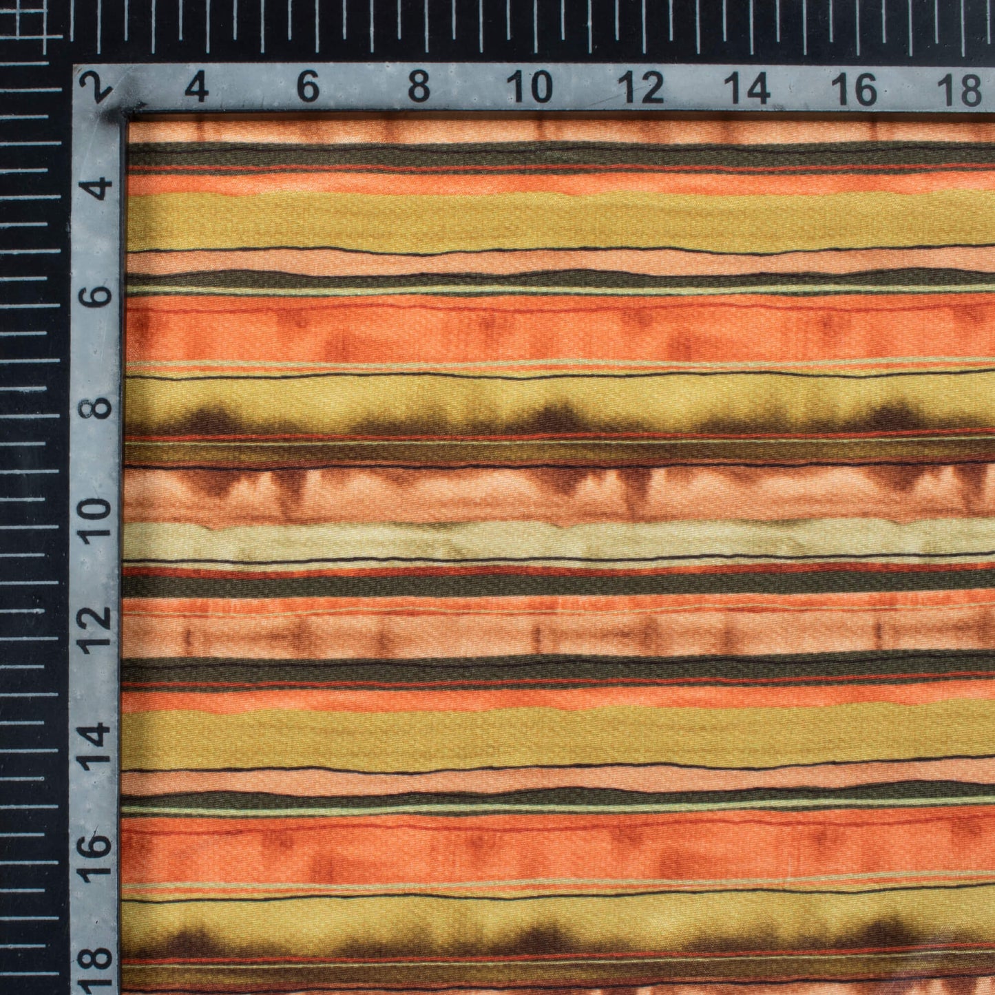 Dijon Yellow And Coral Peach Stripes Pattern Digital Print Crepe Silk Fabric