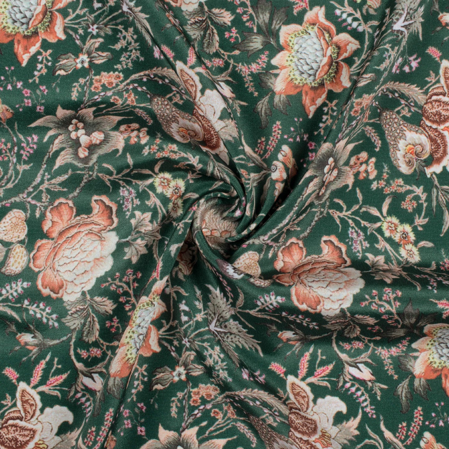 Forest Green And Peach Floral Pattern Digital Print Crepe Silk Fabric